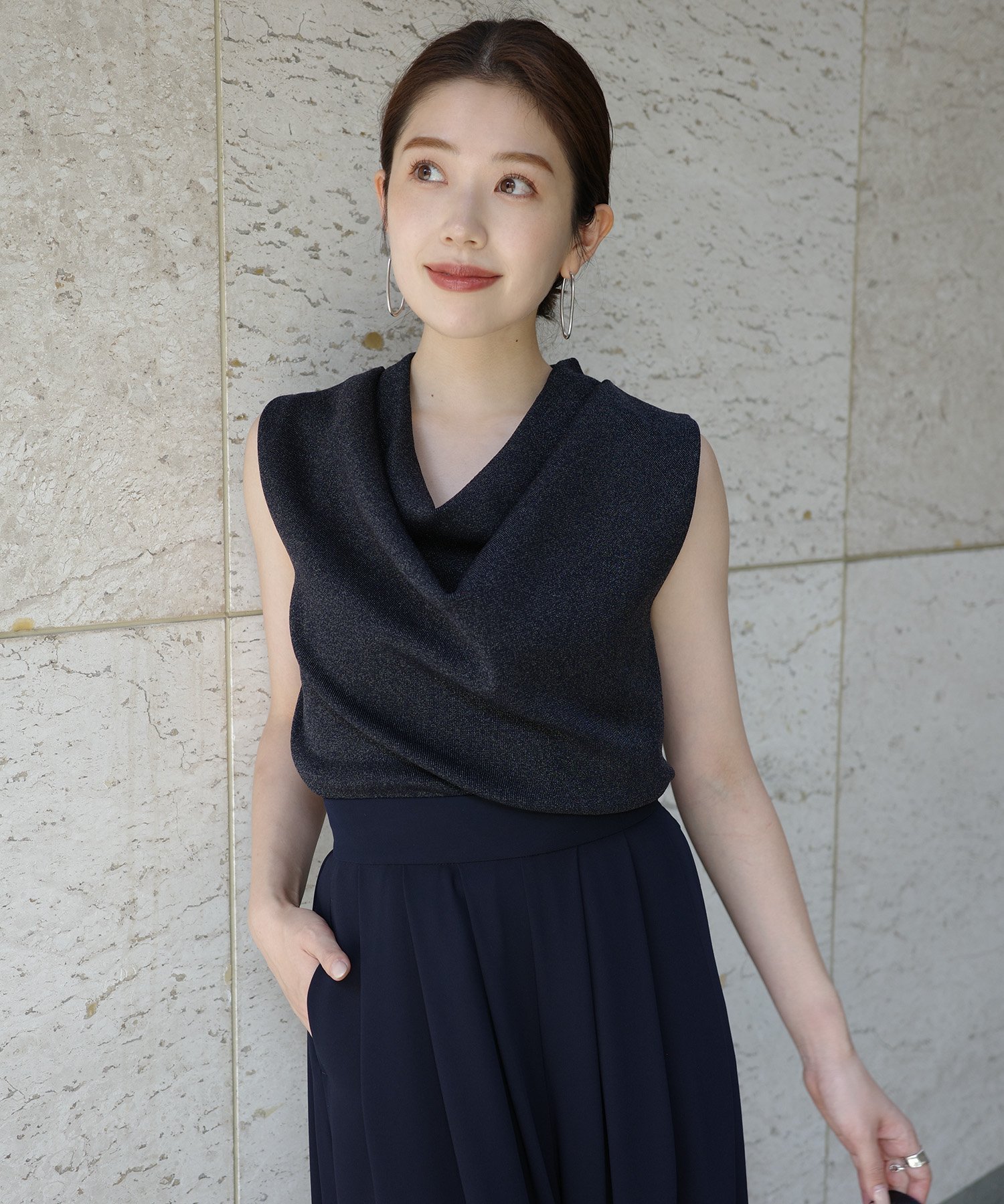 【アニュアンス/anuans】のドレープネックニットトップス インテリア・キッズ・メンズ・レディースファッション・服の通販 founy(ファニー) 　ファッション　Fashion　レディースファッション　WOMEN　トップス・カットソー　Tops/Tshirt　ニット　Knit Tops　エレガント 上品　Elegant　ドレープ　Drape　リボン　Ribbon　NAVY|ID: prp329100004560317 ipo3291000000032242591