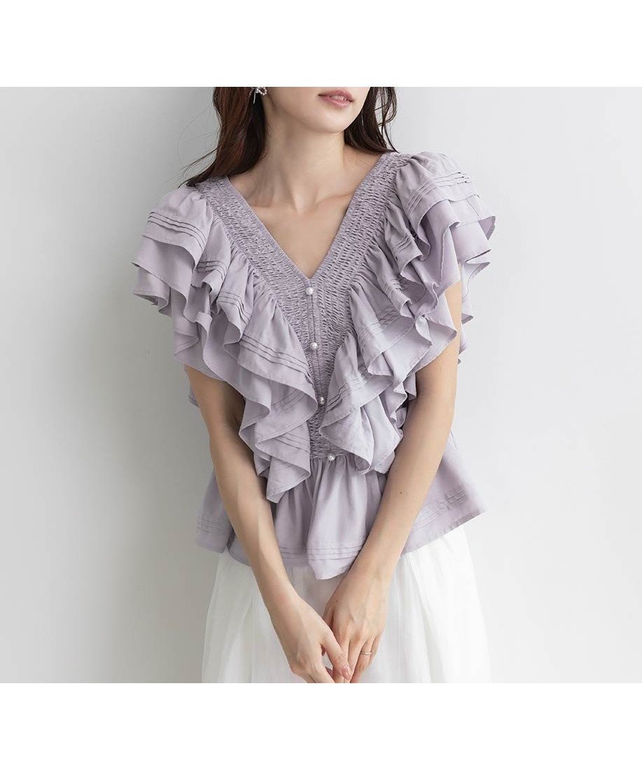 【ランダ/RANDA】のボリュームラッフルブラウス インテリア・キッズ・メンズ・レディースファッション・服の通販 founy(ファニー) 　ファッション　Fashion　レディースファッション　WOMEN　トップス・カットソー　Tops/Tshirt　シャツ/ブラウス　Shirts/Blouses　シンプル　Simple　デニム　Denim　パール　Pearl　フェミニン　Feminine　フリル　Frills　ロマンティック　Romantic　ワイド　Wide　切替　Switching　PURPLE|ID: prp329100004560378 ipo3291000000032325503