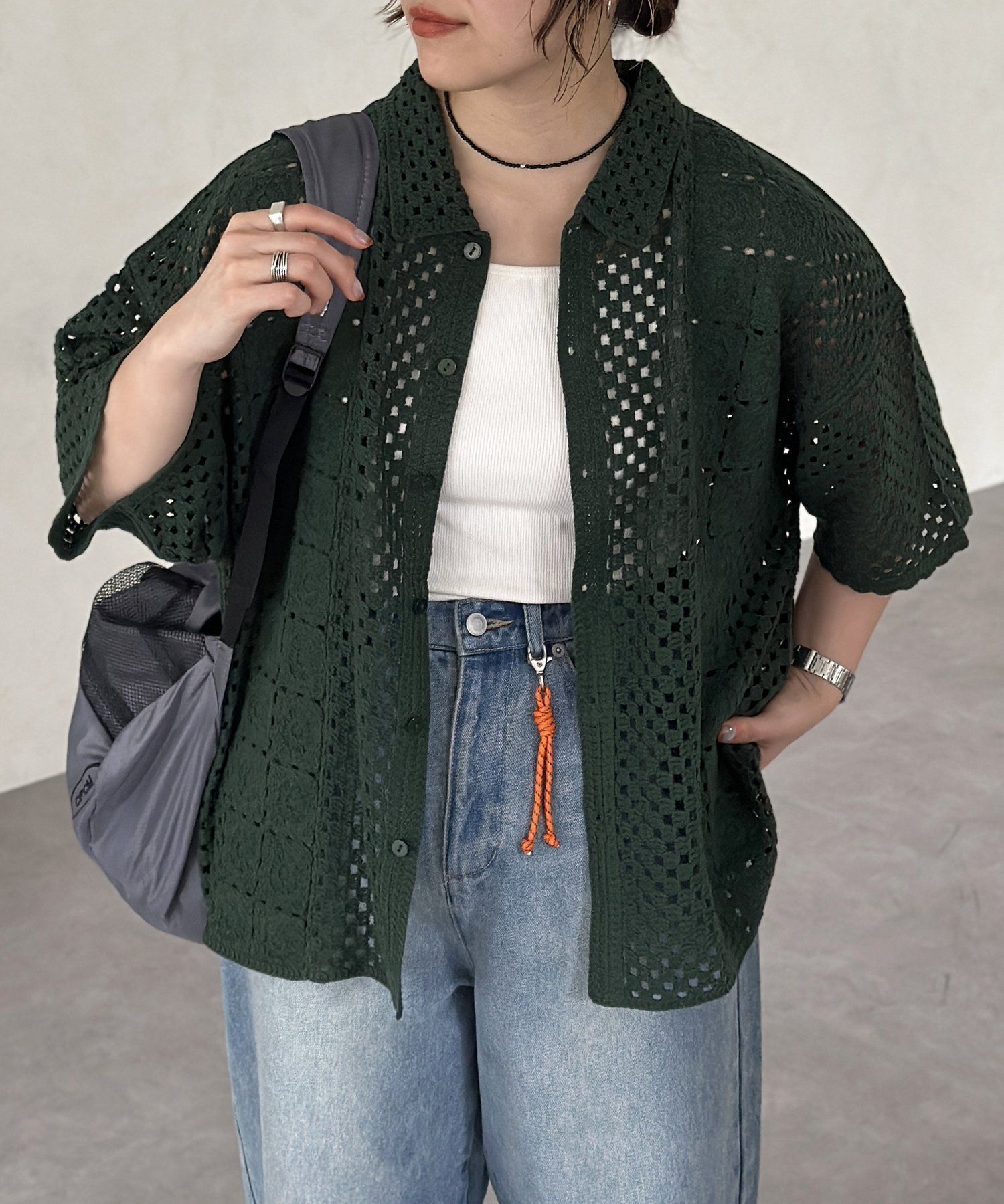 【シーピーシーエム/CPCM】のクロシェ半袖ニットシャツ インテリア・キッズ・メンズ・レディースファッション・服の通販 founy(ファニー) 　ファッション　Fashion　レディースファッション　WOMEN　トップス・カットソー　Tops/Tshirt　ニット　Knit Tops　シャツ/ブラウス　Shirts/Blouses　おすすめ　Recommend　クロシェ　Crochet　シンプル　Simple　チャーム　Charm　レース　Race　半袖　Short Sleeve　夏　Summer　グリーン|ID: prp329100004560833 ipo3291000000032247386
