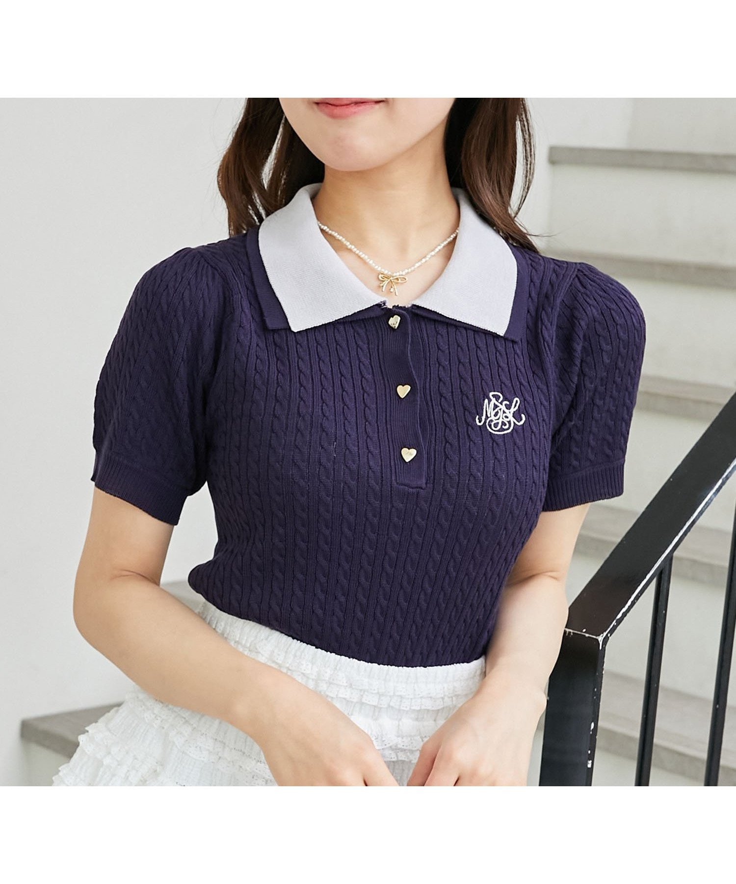 【マジェスティック レゴン/MAJESTIC LEGON】のバイカラーダブル襟ニット インテリア・キッズ・メンズ・レディースファッション・服の通販 founy(ファニー) 　ファッション　Fashion　レディースファッション　WOMEN　トップス・カットソー　Tops/Tshirt　ニット　Knit Tops　おすすめ　Recommend　コンパクト　Compact　シンプル　Simple　ダウン　Down　ダブル　Double　デニム　Denim　トレンド　Trend　フィット　Fit　フロント　Front　ボトム　Bottom　エレガント 上品　Elegant　再入荷　Restock/Back In Stock/Re Arrival　ネイビー|ID: prp329100004560853 ipo3291000000032247523