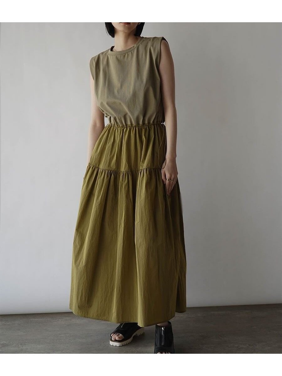 【ラシュッド/LASUD】の異素材切り替えティアードワンピース インテリア・キッズ・メンズ・レディースファッション・服の通販 founy(ファニー)  ファッション Fashion レディースファッション Fashion for Women ワンピース Dresses カットソー Cut and Sewn Top ティアードワンピース Tiered Dress, Flared Dress ドッキング Docking, Mixed Material ポケット Pocket, Pocket Detail カーキ|ID: prp329100004560947 ipo3291000000034394755