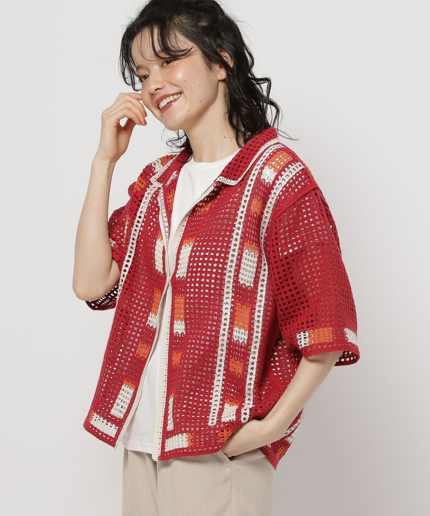 【ニコアンド/niko and】のクラフトメッシュラインカーディガン インテリア・キッズ・メンズ・レディースファッション・服の通販 founy(ファニー) 　ファッション　Fashion　レディースファッション　WOMEN　トップス・カットソー　Tops/Tshirt　カーディガン　Cardigans　おすすめ　Recommend　インナー　Inner　エレガント 上品　Elegant　カーゴパンツ　Cargo Pants　カーディガン　Cardigan　クロシェ　Crochet　デニム　Denim　トレンド　Trend　夏　Summer　透かし　Watermark　レッド30|ID: prp329100004561134 ipo3291000000032249222