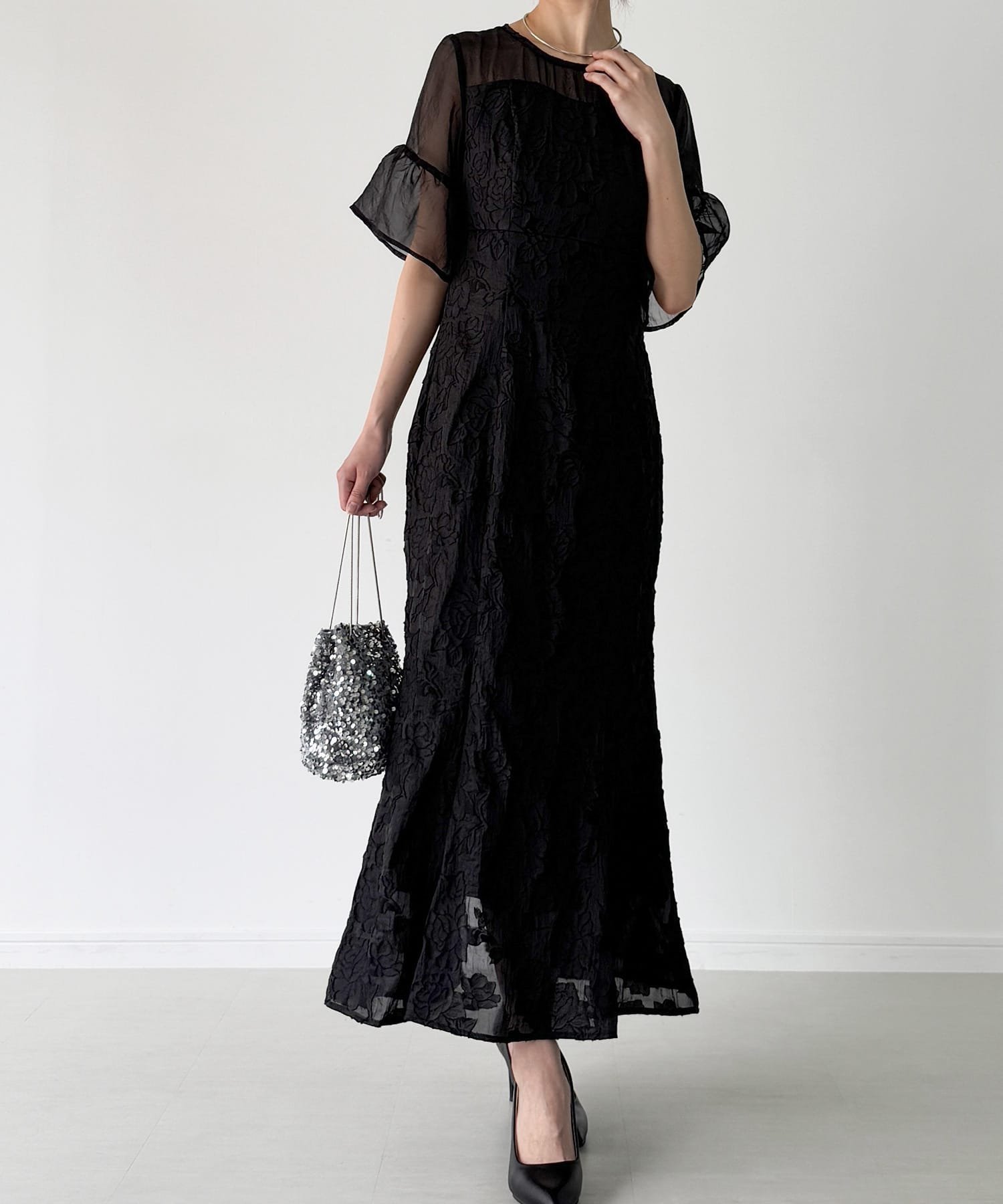 【ジュノア/JUNOAH】のシアージャガードマーメイドワンピース インテリア・キッズ・メンズ・レディースファッション・服の通販 founy(ファニー) 　ファッション　Fashion　レディースファッション　WOMEN　ワンピース　Dress　シアー　Sheer　Bブラック|ID: prp329100004561175 ipo3291000000032249654