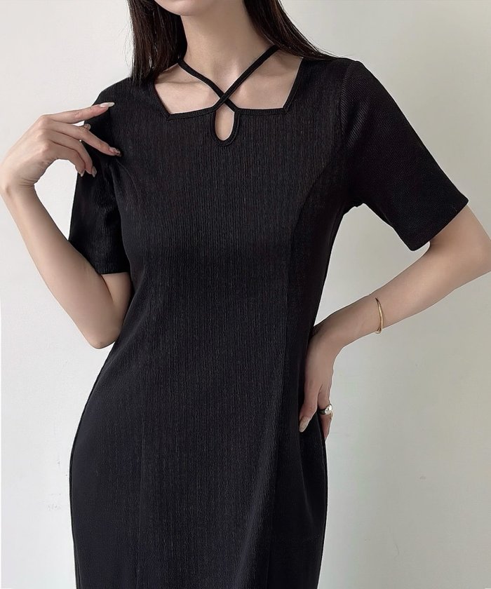 【ジュノア/JUNOAH】のMeiru クロスネック半袖リブワンピース インテリア・キッズ・メンズ・レディースファッション・服の通販 founy(ファニー) https://founy.com/ ファッション Fashion レディースファッション WOMEN ワンピース Dress 半袖 Short Sleeve |ID: prp329100004561177 ipo3291000000032249676