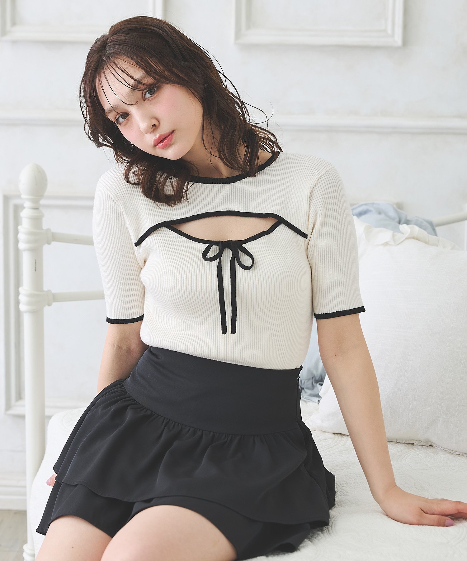 【イング/INGNI】のINGNI/12Gリボン付配色デコルテオープン半袖ニット 人気、トレンドファッション・服の通販 founy(ファニー) 　ファッション　Fashion　レディースファッション　WOMEN　トップス・カットソー　Tops/Tshirt　ニット　Knit Tops　インナー　Inner　シンプル　Simple　ジャケット　Jacket　スマホ　Smartphone　トレンド　Trend　リブニット　Rib Knit　リボン　Ribbon　半袖　Short Sleeve　羽織　Haori　 other-1|ID: prp329100004561378 ipo3291000000032251319