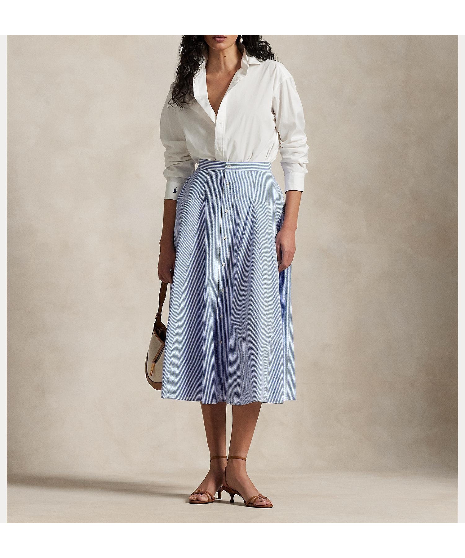 【ラルフローレン/RALPH LAUREN】のストライプド コットン シアサッカー スカート 人気、トレンドファッション・服の通販 founy(ファニー) 　ファッション　Fashion　レディースファッション　Ladies' Fashion Online　スカート　Skirt　ストライプ　Stripe　ハイライズ　High Rise　フロント　Front　ヨーク　Yoke　 other-1|ID: prp329100004561592 ipo3291000000032684057