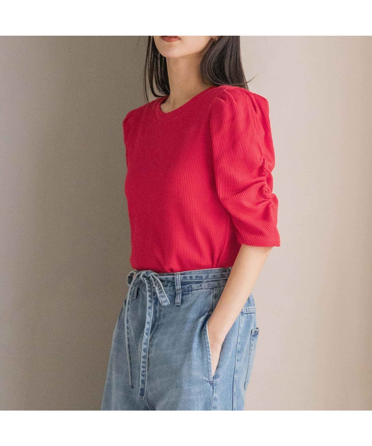 【ローリーズファーム/LOWRYS FARM】のパワショルカットプルオーバー5S インテリア・キッズ・メンズ・レディースファッション・服の通販 founy(ファニー) 　ファッション　Fashion　レディースファッション　Fashion for Women　トップス・カットソー　Cut & Sew Tops　カジュアルプルオーバー・ニットトップス　Pullovers & Knit Tops / Casual Pullovers　おすすめ　Recommended / Our Picks　インナー　Innerwear　サロペット　Overalls, Salopette　シャーリング　Shirring, Ruched　シンプル　Simple, Minimal　テレコ　Ribbed, Rib Stitch　デニム　Denim, Jeans Material　トレンド　Trend, Trending Now　ボーダー　Border, Stripe　無地　Plain, Solid Color　レッド|ID: prp329100004561762 ipo3291000000033671929