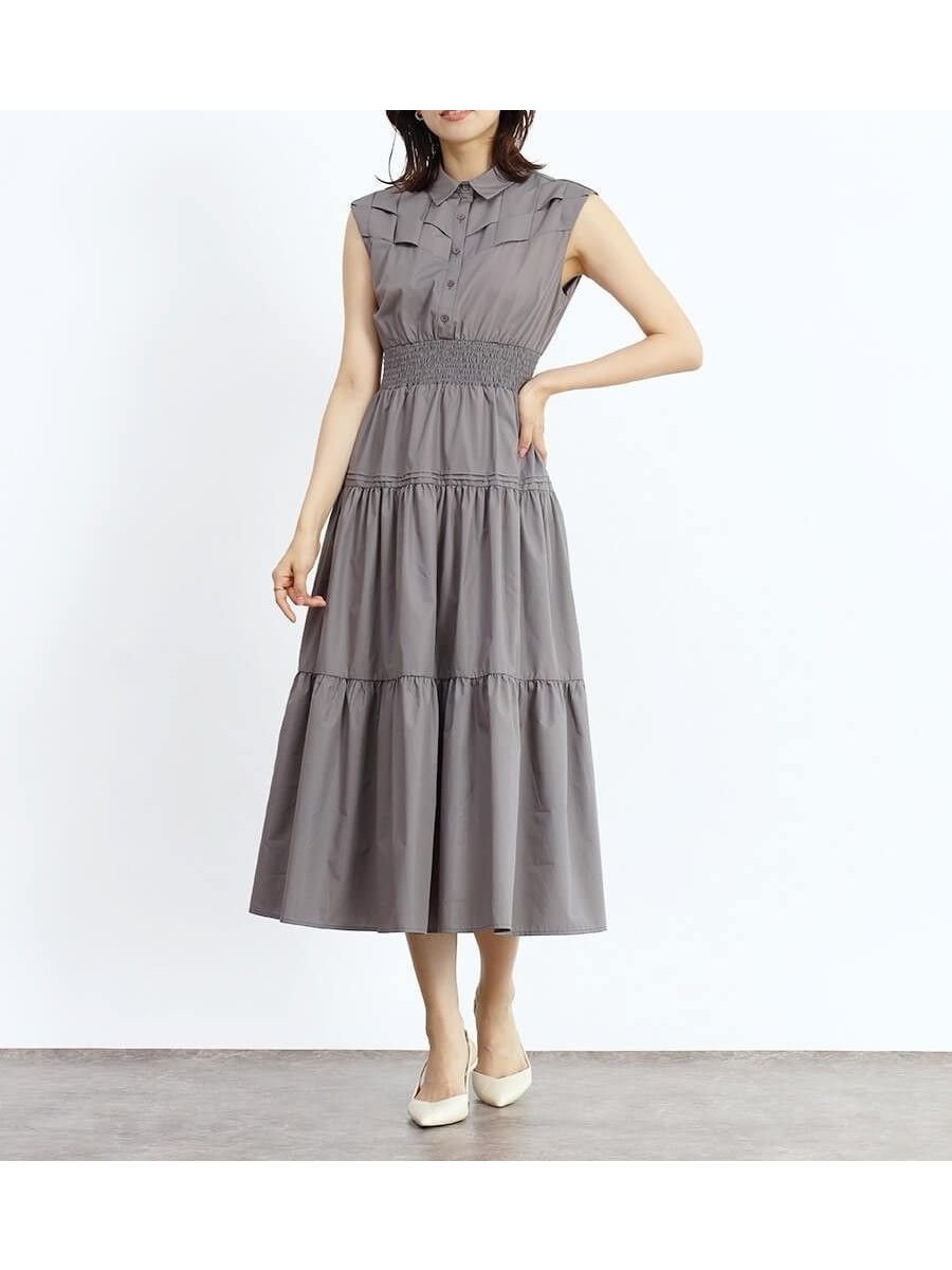 【ヴァン/Vin】の格子編みデザインティアードワンピース インテリア・キッズ・メンズ・レディースファッション・服の通販 founy(ファニー) 　ファッション　Fashion　レディースファッション　Fashion for Women　ワンピース　Dresses　シャーリング　Shirring, Ruched　ティアードワンピース　Tiered Dress, Flared Dress　フレア　Flare, Flared　モダン　Modern, Contemporary　エレガント 上品　Elegant　グレー|ID: prp329100004562512 ipo3291000000032666144