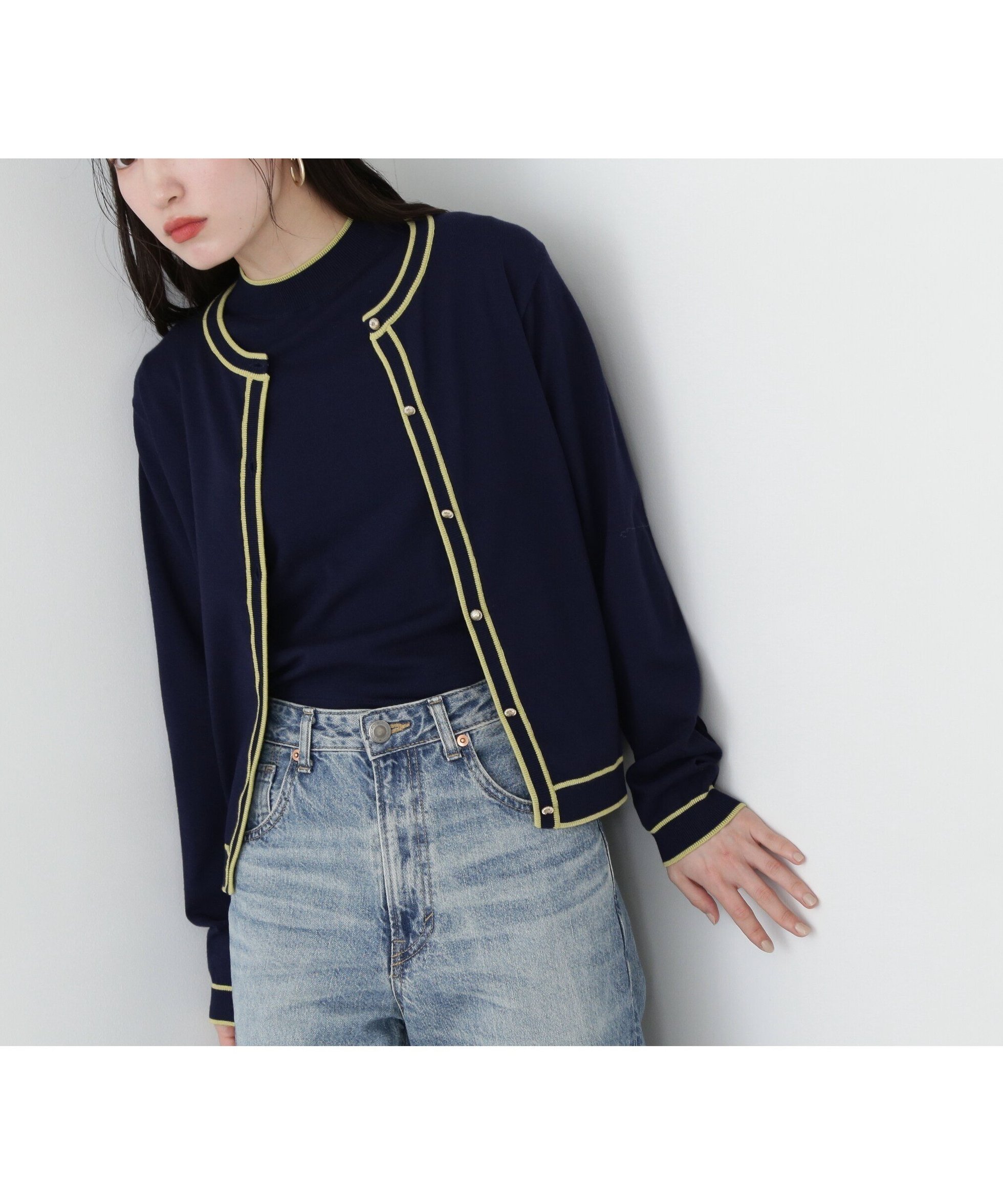 【エヌ ナチュラルビューティーベーシック/N.Natural Beauty basic】のバイカラーカーディガンセット インテリア・キッズ・メンズ・レディースファッション・服の通販 founy(ファニー) 　ファッション　Fashion　レディースファッション　WOMEN　トップス・カットソー　Tops/Tshirt　カーディガン　Cardigans　アンサンブル　Ensemble　カーディガン　Cardigan　デニム　Denim　フェミニン　Feminine　マニッシュ　Mannish　半袖　Short Sleeve　ネイビー×グリーン|ID: prp329100004562701 ipo3291000000032262414