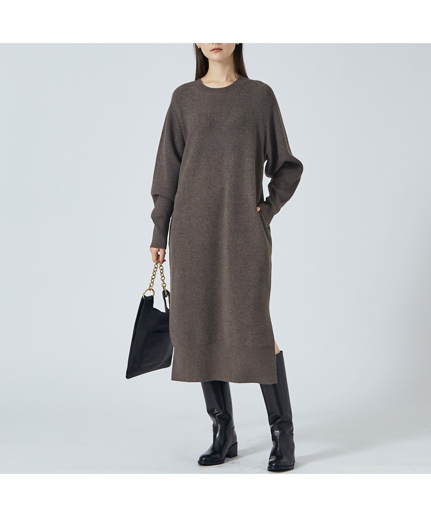 【カリテ/qualite】のスリットニットワンピース インテリア・キッズ・メンズ・レディースファッション・服の通販 founy(ファニー) 　ファッション　Fashion　レディースファッション　WOMEN　ワンピース　Dress　ニットワンピース　Knit Dresses　おすすめ　Recommend　スリット　Slit　ベーシック　Basic　ポケット　Pocket　ロング　Long　今季　This Season　A/W・秋冬　Aw・Autumn/Winter・Fw・Fall-Winter　グレー|ID: prp329100004562747 ipo3291000000032262837