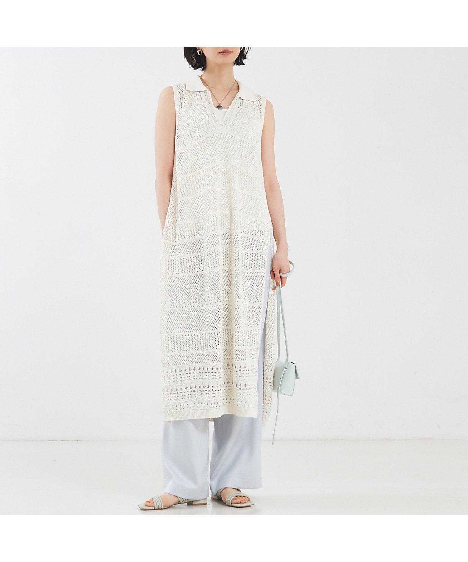 【カリテ/qualite】のかぎ針風ニットワンピース インテリア・キッズ・メンズ・レディースファッション・服の通販 founy(ファニー) 　ファッション　Fashion　レディースファッション　Fashion for Women　ワンピース　Dresses　ニットワンピース　Knit Dresses　おすすめ　Recommended / Our Picks　かぎ針　Crochet　スリット　Slit, Slit Detail　メッシュ　Mesh, Net Fabric　リゾート　Resort, Vacation Style　夏　Summer　オフホワイト|ID: prp329100004562768 ipo3291000000033427082