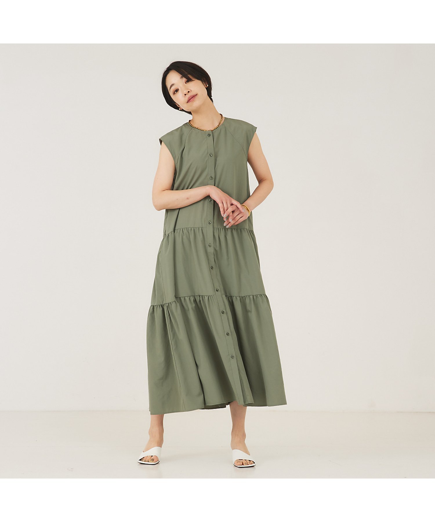 【カリテ/qualite】のソフトタフタティアードワンピース インテリア・キッズ・メンズ・レディースファッション・服の通販 founy(ファニー) 　ファッション　Fashion　レディースファッション　WOMEN　ワンピース　Dress　おすすめ　Recommend　ギャザー　Gather　シンプル　Simple　スリーブ　Sleeve　タフタ　Taffeta　ティアード　Tiered　フレンチ　French　ヴィンテージ　Vintage　夏　Summer　カーキ|ID: prp329100004562939 ipo3291000000032264492