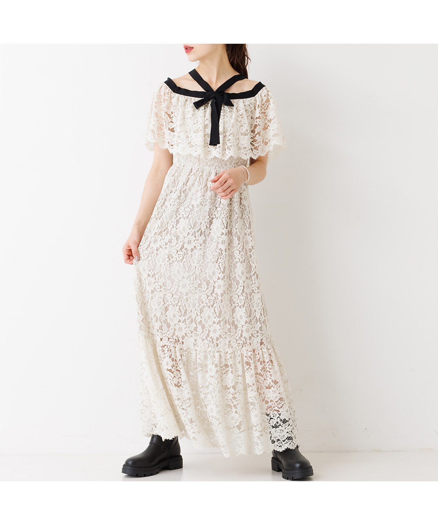 【ルージュヴィフラクレ/Rouge vif la cle】のバイカラーリボン レースワンピース インテリア・キッズ・メンズ・レディースファッション・服の通販 founy(ファニー) 　ファッション　Fashion　レディースファッション　WOMEN　ワンピース　Dress　おすすめ　Recommend　ホリデーシーズン　Holiday　レース　Race　アイボリー|ID: prp329100004562946 ipo3291000000032264546
