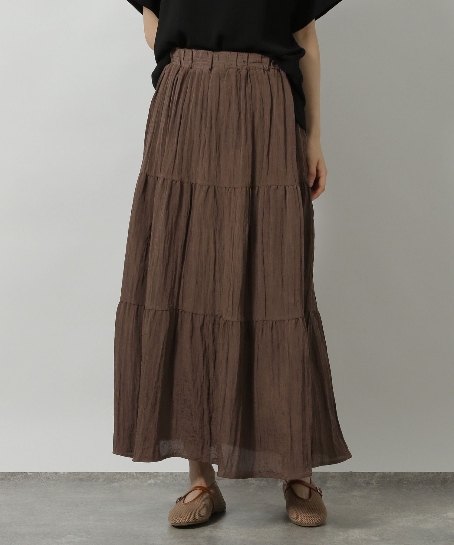 【ラコレ/LAKOLE】のサテンワッシャーティアードスカート インテリア・キッズ・メンズ・レディースファッション・服の通販 founy(ファニー) 　ファッション　Fashion　レディースファッション　Fashion for Women　スカート　Skirts　ティアードスカート　Tiered Skirts　おすすめ　Recommended / Our Picks　ティアードスカート　Tiered Skirt, Flounced Skirt　ノースリーブ　Sleeveless, No-Sleeve　ワッシャー　Washer, Crinkled Finish　ヴィンテージ　Vintage Style　ブラウン|ID: prp329100004562966 ipo3291000000032712746