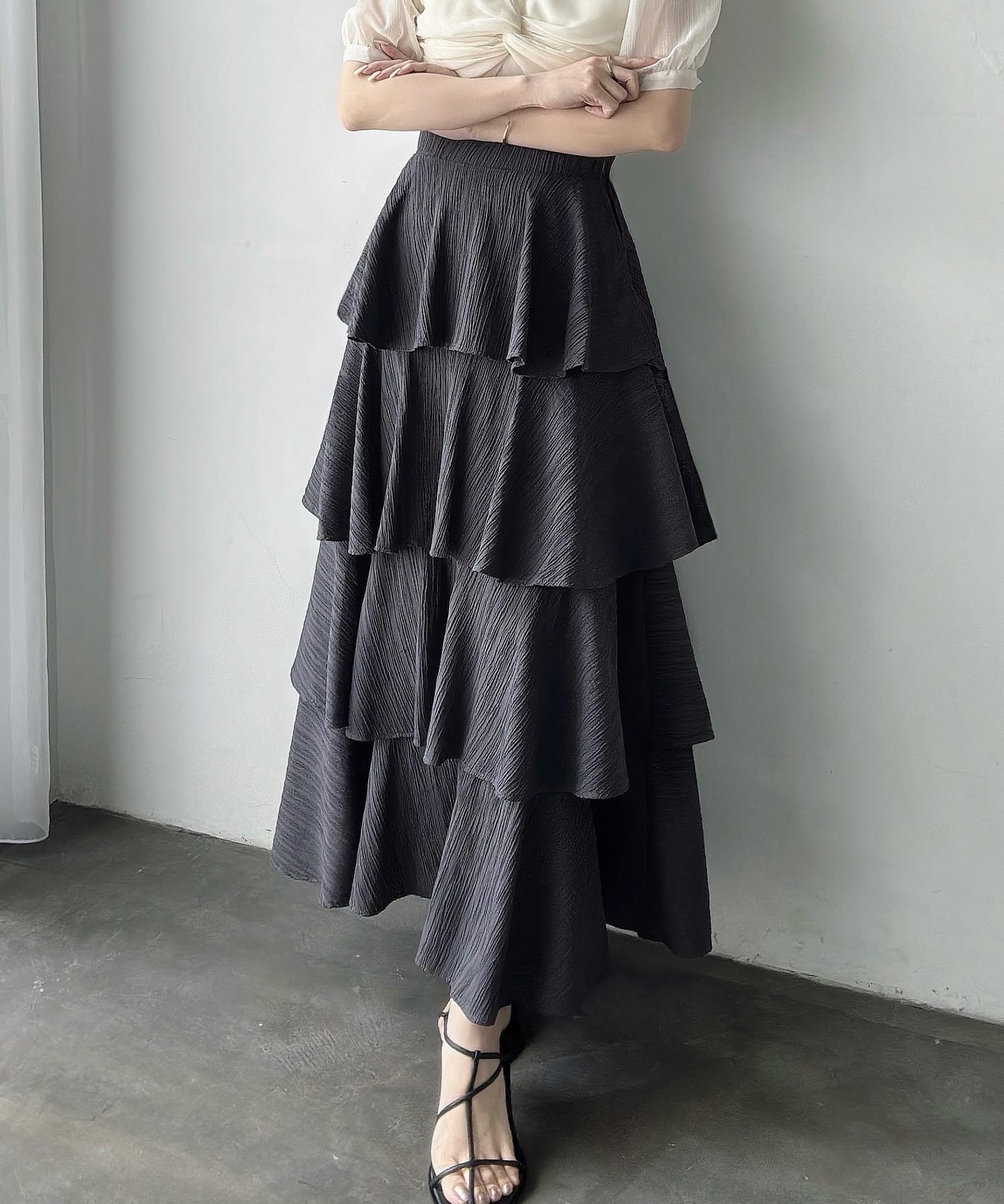【ジュノア/JUNOAH】のMeiru 楊柳ティアードスカート インテリア・キッズ・メンズ・レディースファッション・服の通販 founy(ファニー) 　ファッション　Fashion　レディースファッション　WOMEN　スカート　Skirt　ティアードスカート　Tiered Skirts　ティアードスカート　Tiered Skirt　チャコール|ID: prp329100004563184 ipo3291000000032267178