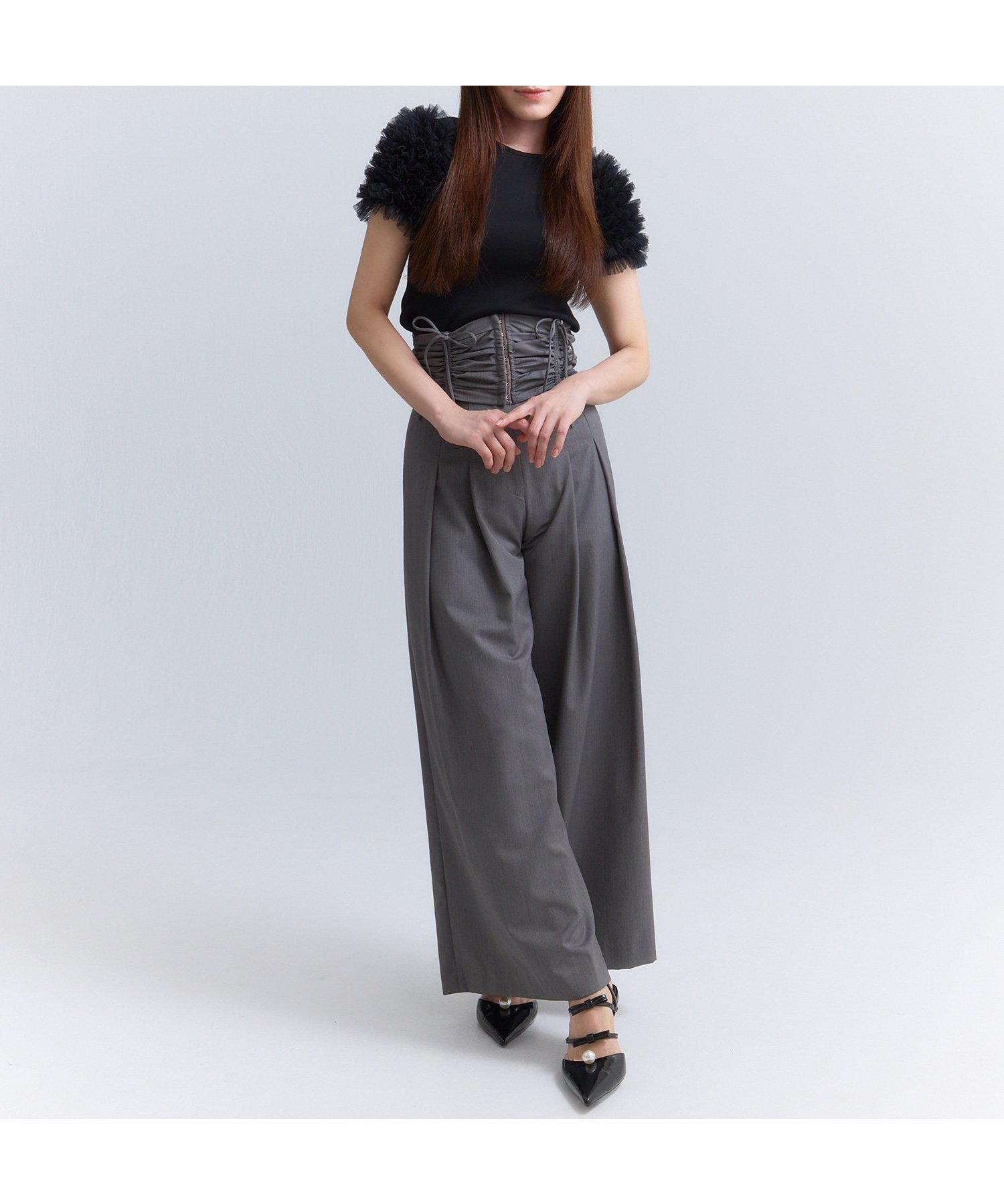 【エイミーイストワール/eimy istoire】のチュールショルダーカットトップス インテリア・キッズ・メンズ・レディースファッション・服の通販 founy(ファニー) 　ファッション　Fashion　レディースファッション　WOMEN　トップス・カットソー　Tops/Tshirt　カットソー　Cut And Sew　チュール　Tulle　デニム　Denim　フェミニン　Feminine　ボトム　Bottom　マーメイド　Mermaid　エレガント 上品　Elegant　BLACK|ID: prp329100004563248 ipo3291000000032267877
