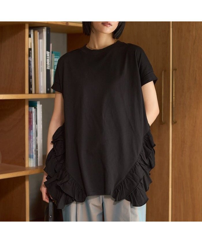 【フリークスストア/FREAK'S STORE】のオーガニックコットン 裾フリルトップス / 裾フリルデザイン 半袖Tシャツ /ロールアップTシャツ 25SS インテリア・キッズ・メンズ・レディースファッション・服の通販 founy(ファニー) 　ファッション　Fashion　レディースファッション　Fashion for Women　トップス・カットソー　Cut & Sew Tops　シャツ・ブラウス・オフィスカジュアル　Elegant Blouses & Button-Ups　ロングTシャツ・Tシャツ　Longline T-Shirts & Tees　2025年　2025　2025春夏・S/S　Spring/Summer 2025 SS25　おすすめ　Recommended / Our Picks　カットソー　Cut and Sewn Top　サンダル　Sandals, Summer Shoes　チュニック　Tunic, Long Top　デニム　Denim, Jeans Material　フラット　Flat, Flat Shoes　フリル　Frill, Ruffle　リラックス　Relax, Relaxed Fit　ロールアップ　Roll-Up, Cuffed Hem　半袖　Short Sleeve, Half Sleeve　夏　Summer　S/S・春夏　SS, Spring/Summer, Warm Season　ブラック|ID: prp329100004563357 ipo3291000000033561269