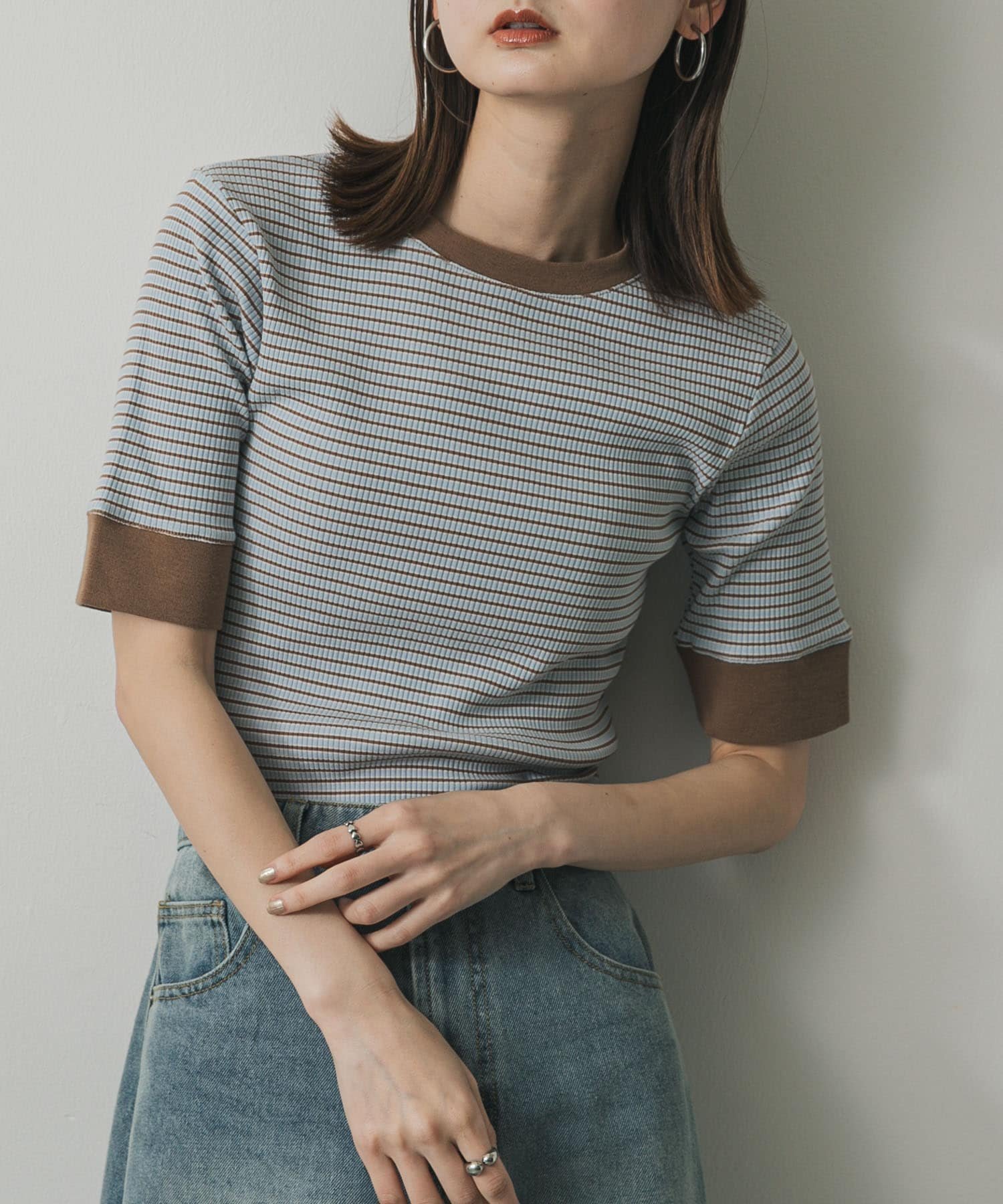 【センスオブプレイス/SENSE OF PLACE by URBAN RESEARCH】の『一部WEB限定カラー』クルーネックリンガーボーダーTシャツ(5分袖) インテリア・キッズ・メンズ・レディースファッション・服の通販 founy(ファニー) 　ファッション　Fashion　レディースファッション　Fashion for Women　トップス・カットソー　Cut & Sew Tops　シャツ・ブラウス・オフィスカジュアル　Elegant Blouses & Button-Ups　ロングTシャツ・Tシャツ　Longline T-Shirts & Tees　2025年　2025　2025春夏・S/S　Spring/Summer 2025 SS25　ボーダー　Border, Stripe　夏　Summer　S/S・春夏　SS, Spring/Summer, Warm Season　BLU×BRN|ID: prp329100004563418 ipo3291000000032729681
