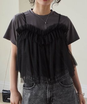 【ラナン/Ranan】のRANAN/チュールビスチェドッキングTシャツ 人気、トレンドファッション・服の通販 founy(ファニー) ファッション Fashion レディースファッション Fashion for Women トップス・カットソー Cut & Sew Tops シャツ・ブラウス・オフィスカジュアル Elegant Blouses & Button-Ups ロングTシャツ・Tシャツ Longline T-Shirts & Tees ビスチェ Bustiers & Corset Tops / Layered Bustier Style インナー Innerwear シアー Sheer, See-Through チュール Tulip, Tulip Motif デニム Denim, Jeans Material フェミニン Feminine, Girly フリル Frill, Ruffle ポケット Pocket, Pocket Detail 半袖 Short Sleeve, Half Sleeve |ID:prp329100004563450