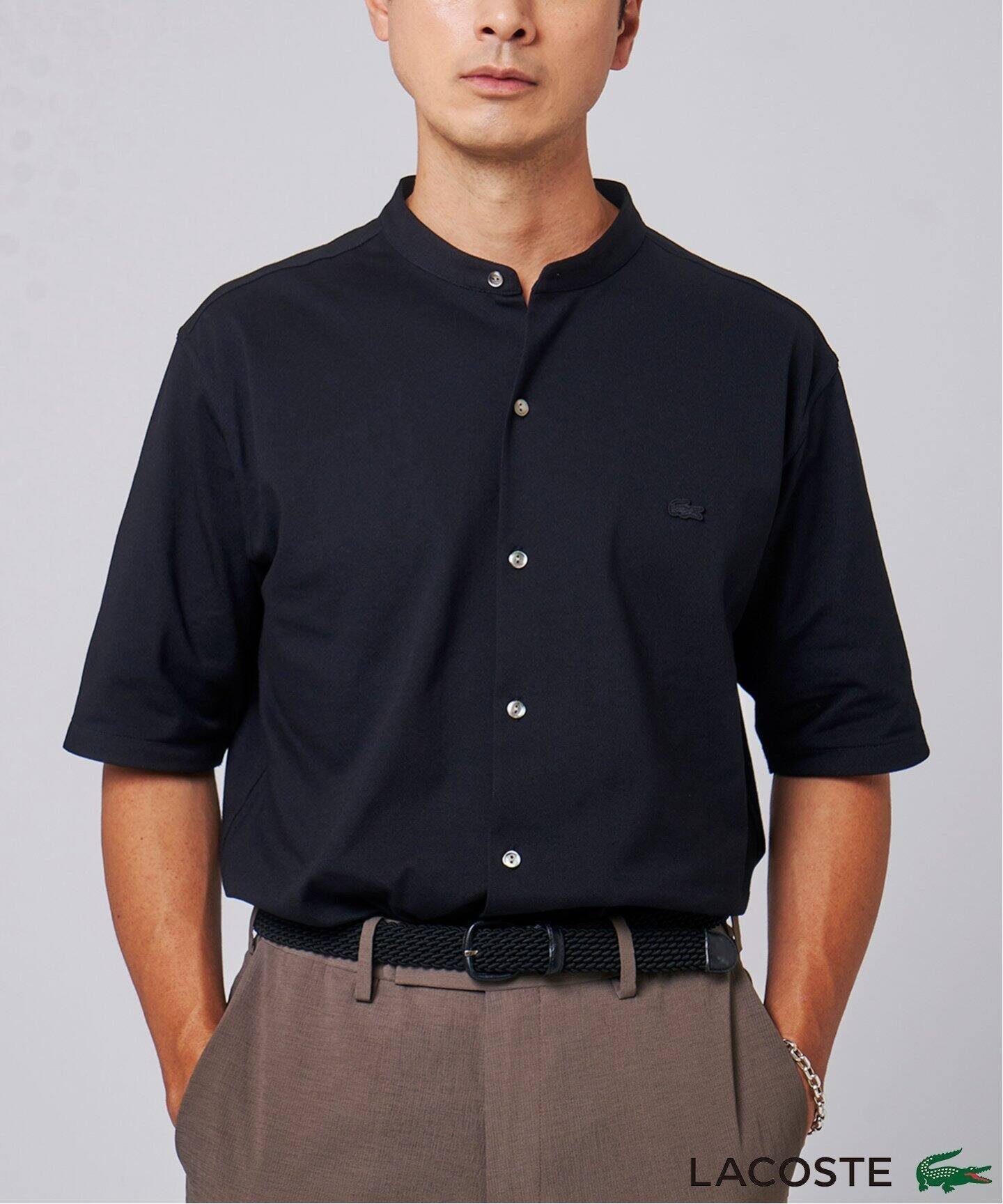 【エディフィス/EDIFICE / MEN】の吸水速乾 高通気 LACOSTE (ラコステ) 別注 バンドカラー フルオープン ポロシャツ インテリア・キッズ・メンズ・レディースファッション・服の通販 founy(ファニー) 　ファッション　Fashion　メンズファッション　Fashion for Men　クラシック　Classic, Timeless Style　ファブリック　Fabric, Textile　ポロシャツ　Polo Shirt, Collared Tee　人気　Popular, Best Seller　ビジネス 仕事 通勤　Business / Work / Commuting　別注　Limited Edition, Custom Order　吸水　Absorbent, Quick-Dry　夏　Summer　鹿の子　Piqué, Kanoko Fabric　ブラック|ID: prp329100004563490 ipo3291000000032987648