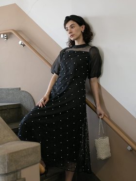 【ラシュッド/LASUD】のバルーンスリーブパールドレス 人気、トレンドファッション・服の通販 founy(ファニー) ファッション Fashion レディースファッション WOMEN ワンピース Dress ドレス Party Dresses オーガンジー Organdy スリーブ Sleeve デコルテ Decolletage バルーン Balloon パール Pearl リボン Ribbon エレガント 上品 Elegant |ID:prp329100004563950