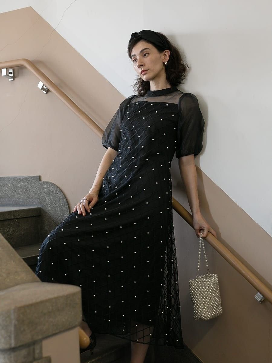 【ラシュッド/LASUD】のバルーンスリーブパールドレス インテリア・キッズ・メンズ・レディースファッション・服の通販 founy(ファニー) 　ファッション　Fashion　レディースファッション　WOMEN　ワンピース　Dress　ドレス　Party Dresses　オーガンジー　Organdy　スリーブ　Sleeve　デコルテ　Decolletage　バルーン　Balloon　パール　Pearl　リボン　Ribbon　エレガント 上品　Elegant　ブラック|ID: prp329100004563950 ipo3291000000032275130