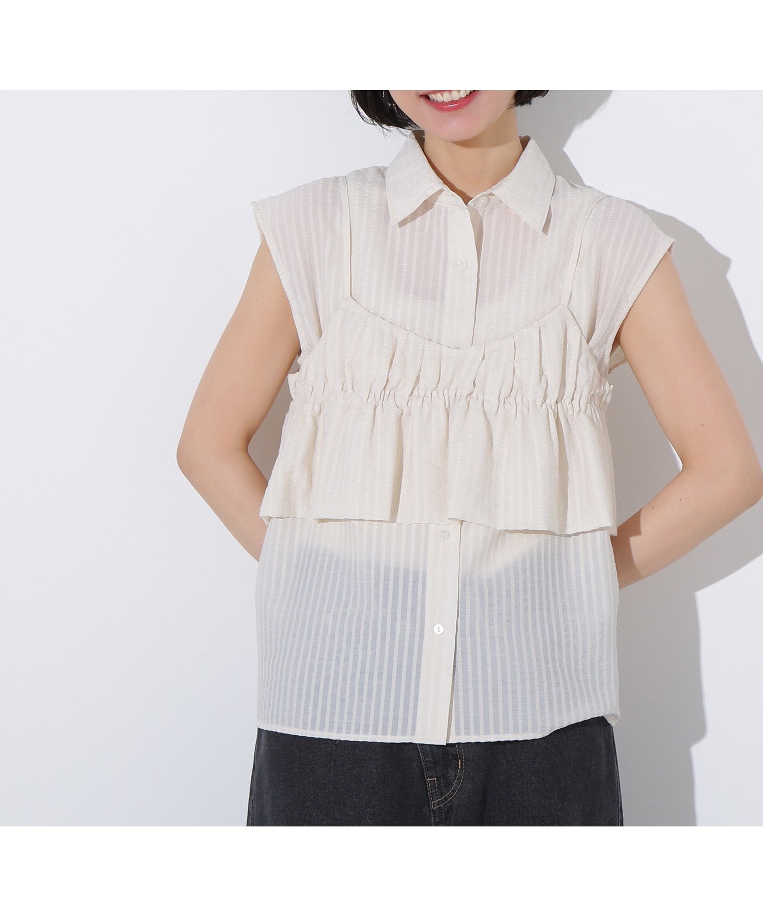 【エヌ ナチュラルビューティーベーシック/N.Natural Beauty basic】のビスチェレイヤードフレンチスリーブシャツ インテリア・キッズ・メンズ・レディースファッション・服の通販 founy(ファニー) 　ファッション　Fashion　レディースファッション　Fashion for Women　トップス・カットソー　Cut & Sew Tops　シャツ・ブラウス・オフィスカジュアル　Elegant Blouses & Button-Ups　ビスチェ　Bustiers & Corset Tops / Layered Bustier Style　おすすめ　Recommended / Our Picks　サッカー　Seersucker, Summer Fabric　ストライプ　Stripe, Striped Pattern　スリーブ　Sleeve, Long Sleeve / Short Sleeve　バルーン　Balloon, Balloon Silhouette　ビスチェ　Bustier, Corset Top　フレンチ　French, French Style　オフ1|ID: prp329100004564241 ipo3291000000032692634