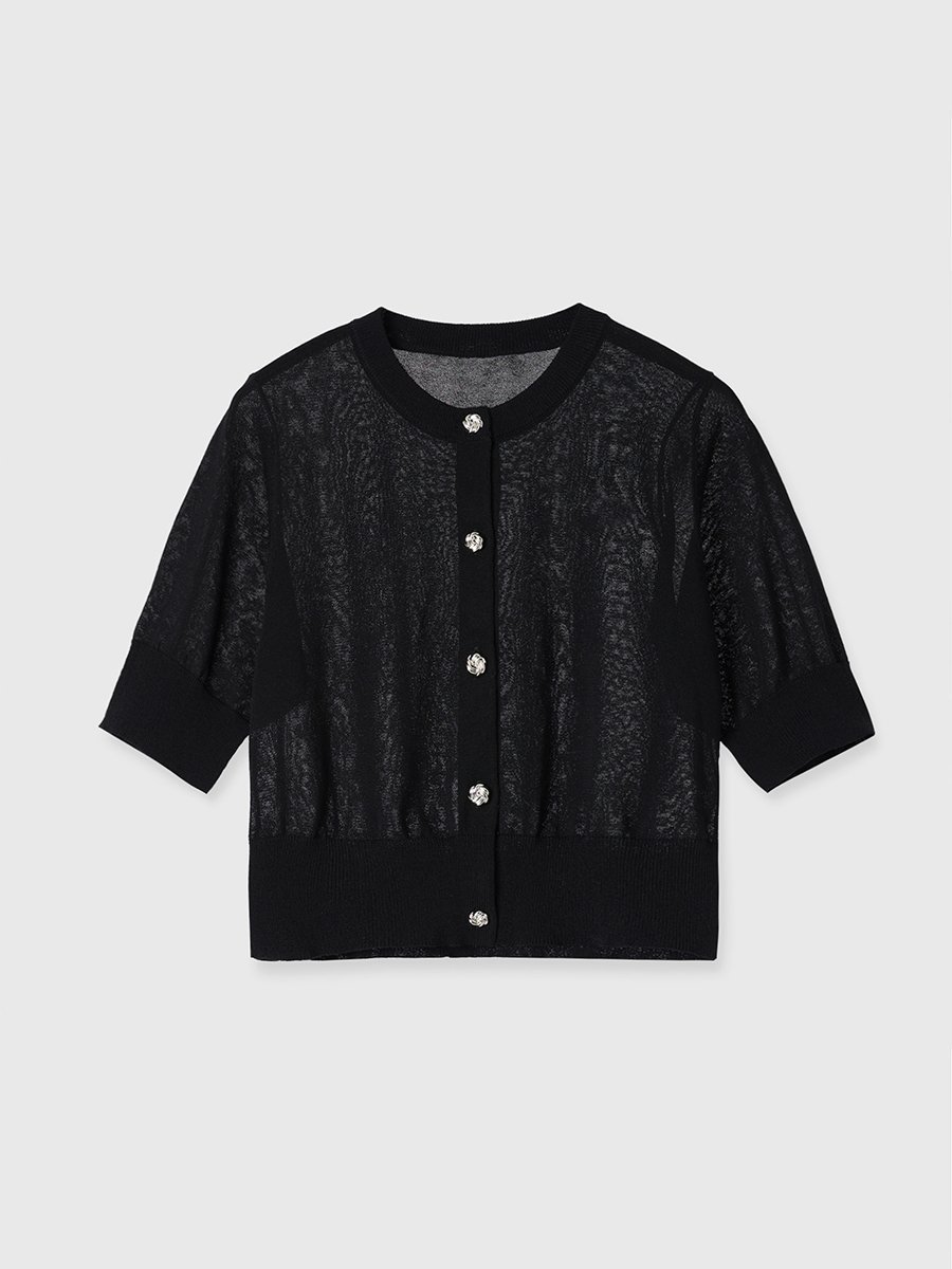 【エイミーイストワール/eimy istoire】のハーフスリーブシアーニットカーデ インテリア・キッズ・メンズ・レディースファッション・服の通販 founy(ファニー) 　ファッション　Fashion　レディースファッション　WOMEN　トップス・カットソー　Tops/Tshirt　ニット　Knit Tops　アクセサリー　Accessories　カーディガン　Cardigan　キャミワンピース　Cami Dress　コンパクト　Compact　シアー　Sheer　シンプル　Simple　ビスチェ　Bustier　フロント　Front　ボトム　Bottom　ラウンド　Round　エレガント 上品　Elegant　夏　Summer　BLACK|ID: prp329100004564317 ipo3291000000032278855