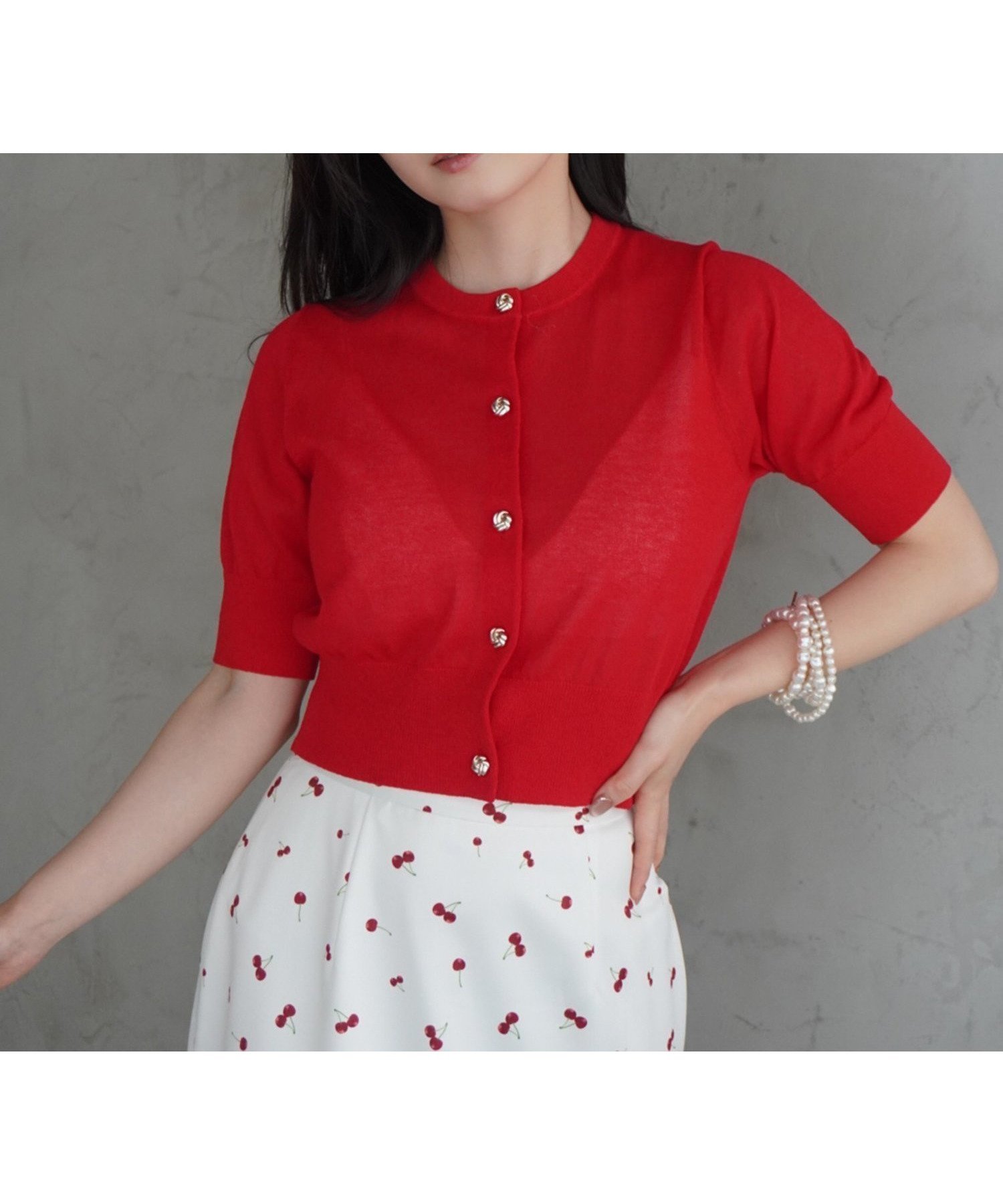 【エイミーイストワール/eimy istoire】のハーフスリーブシアーニットカーデ インテリア・キッズ・メンズ・レディースファッション・服の通販 founy(ファニー) 　ファッション　Fashion　レディースファッション　WOMEN　トップス・カットソー　Tops/Tshirt　ニット　Knit Tops　アクセサリー　Accessories　カーディガン　Cardigan　キャミワンピース　Cami Dress　コンパクト　Compact　シアー　Sheer　シンプル　Simple　ビスチェ　Bustier　フロント　Front　ボトム　Bottom　ラウンド　Round　エレガント 上品　Elegant　夏　Summer　RED|ID: prp329100004564317 ipo3291000000032278858