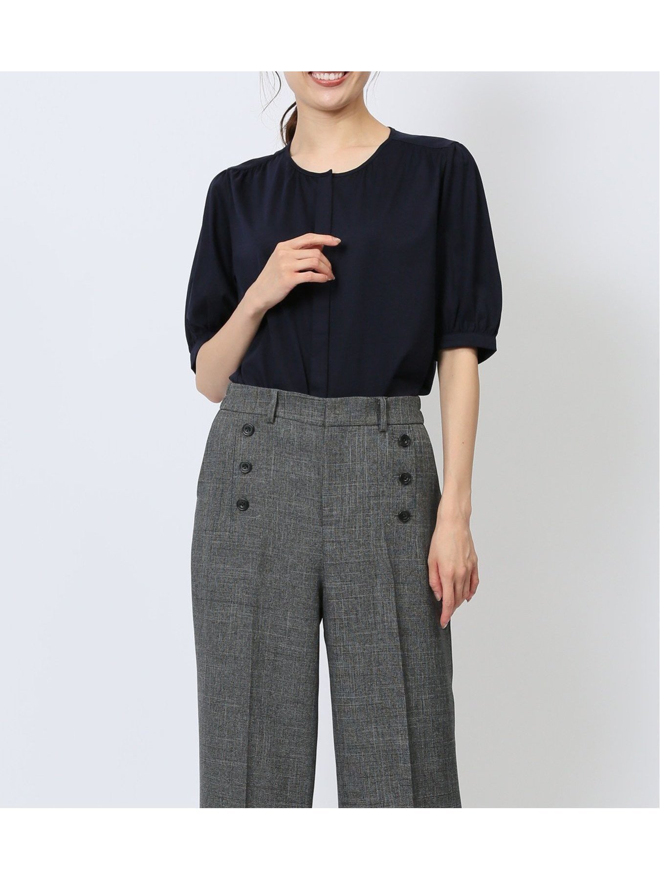 【タカキュー/TAKA-Q】の比翼 クルーネック 半袖ブラウソー インテリア・キッズ・メンズ・レディースファッション・服の通販 founy(ファニー) 　ファッション　Fashion　レディースファッション　WOMEN　トップス・カットソー　Tops/Tshirt　ウォッシャブル　Washable　秋　Autumn/Fall　カットソー　Cut And Sew　ギャザー　Gather　シルケット　Mercerization　ストレッチ　Stretch　ストレート　Straight　スリット　Slit　なめらか　Smooth　フィット　Fit　ベーシック　Basic　半袖　Short Sleeve　夏　Summer　エレガント 上品　Elegant　75紺|ID: prp329100004564399 ipo3291000000032279604