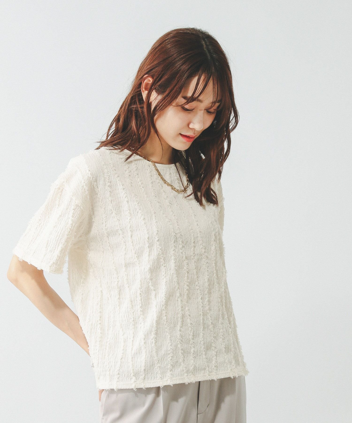 【グローバルワーク/GLOBAL WORK】のBeauteeジャガードプルオーバー半袖/455461 インテリア・キッズ・メンズ・レディースファッション・服の通販 founy(ファニー) 　ファッション　Fashion　レディースファッション　Fashion for Women　トップス・カットソー　Cut & Sew Tops　カジュアルプルオーバー・ニットトップス　Pullovers & Knit Tops / Casual Pullovers　シャーリング　Shirring, Ruched　デニム　Denim, Jeans Material　人気　Popular, Best Seller　半袖　Short Sleeve, Half Sleeve　夏　Summer　抗菌　Antibacterial, Bacteria-Resistant　長袖　Long Sleeve, Full Sleeve　アイボリー08|ID: prp329100004564927 ipo3291000000032722730