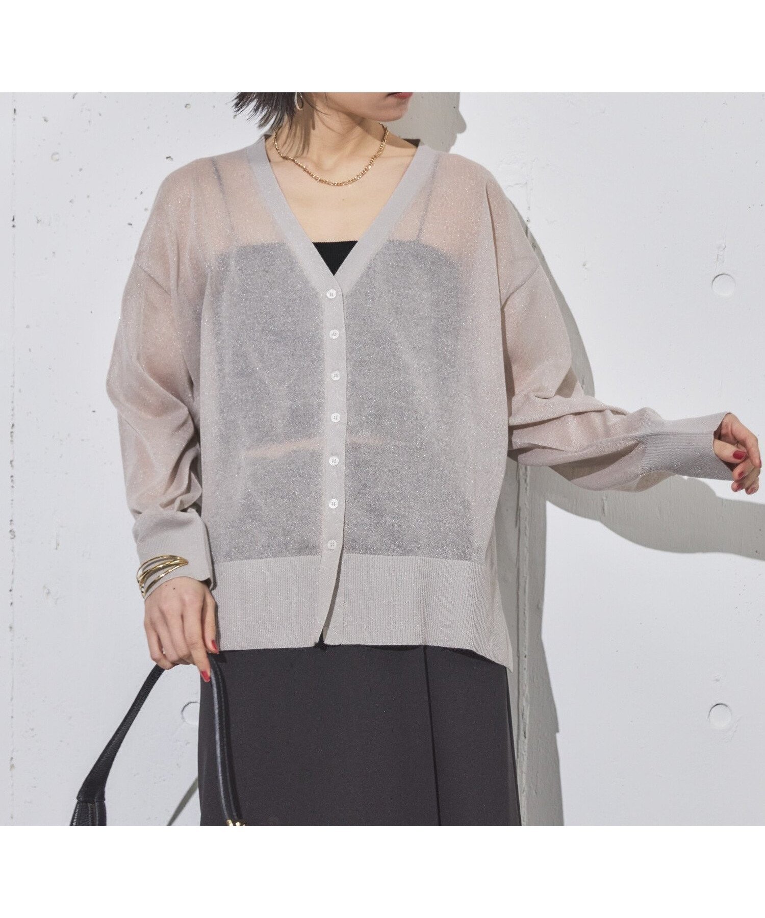【ドゥ アルシーヴ/Doux archives】のラメシアーカーディガン インテリア・キッズ・メンズ・レディースファッション・服の通販 founy(ファニー) 　ファッション　Fashion　レディースファッション　WOMEN　トップス・カットソー　Tops/Tshirt　カーディガン　Cardigans　カーディガン　Cardigan　シアー　Sheer　ショルダー　Shoulder　スリット　Slit　トレンド　Trend　ドロップ　Drop　ベーシック　Basic　GRAY|ID: prp329100004565120 ipo3291000000032284585