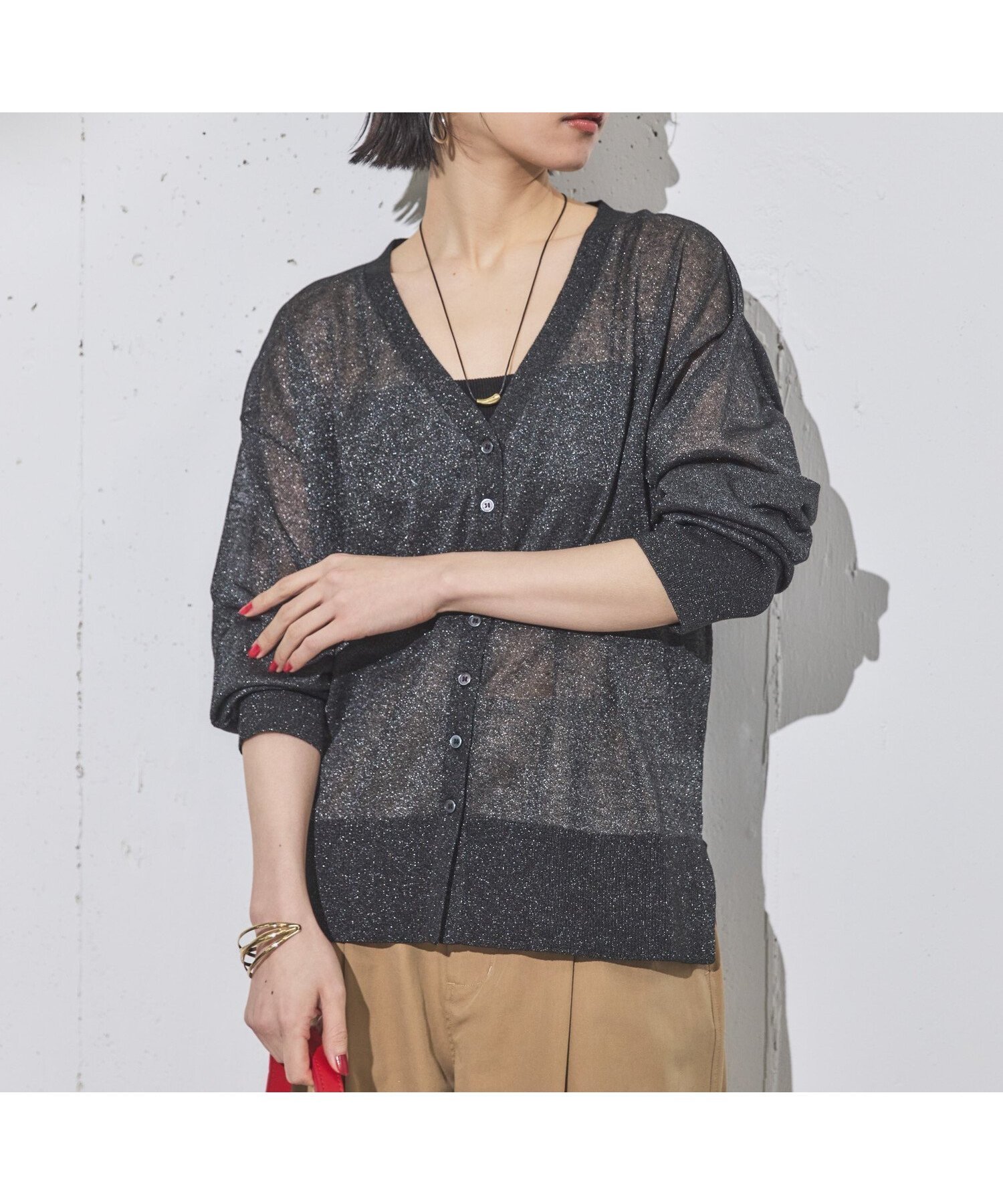 【ドゥ アルシーヴ/Doux archives】のラメシアーカーディガン インテリア・キッズ・メンズ・レディースファッション・服の通販 founy(ファニー) 　ファッション　Fashion　レディースファッション　WOMEN　トップス・カットソー　Tops/Tshirt　カーディガン　Cardigans　カーディガン　Cardigan　シアー　Sheer　ショルダー　Shoulder　スリット　Slit　トレンド　Trend　ドロップ　Drop　ベーシック　Basic　BLACK|ID: prp329100004565120 ipo3291000000032284586
