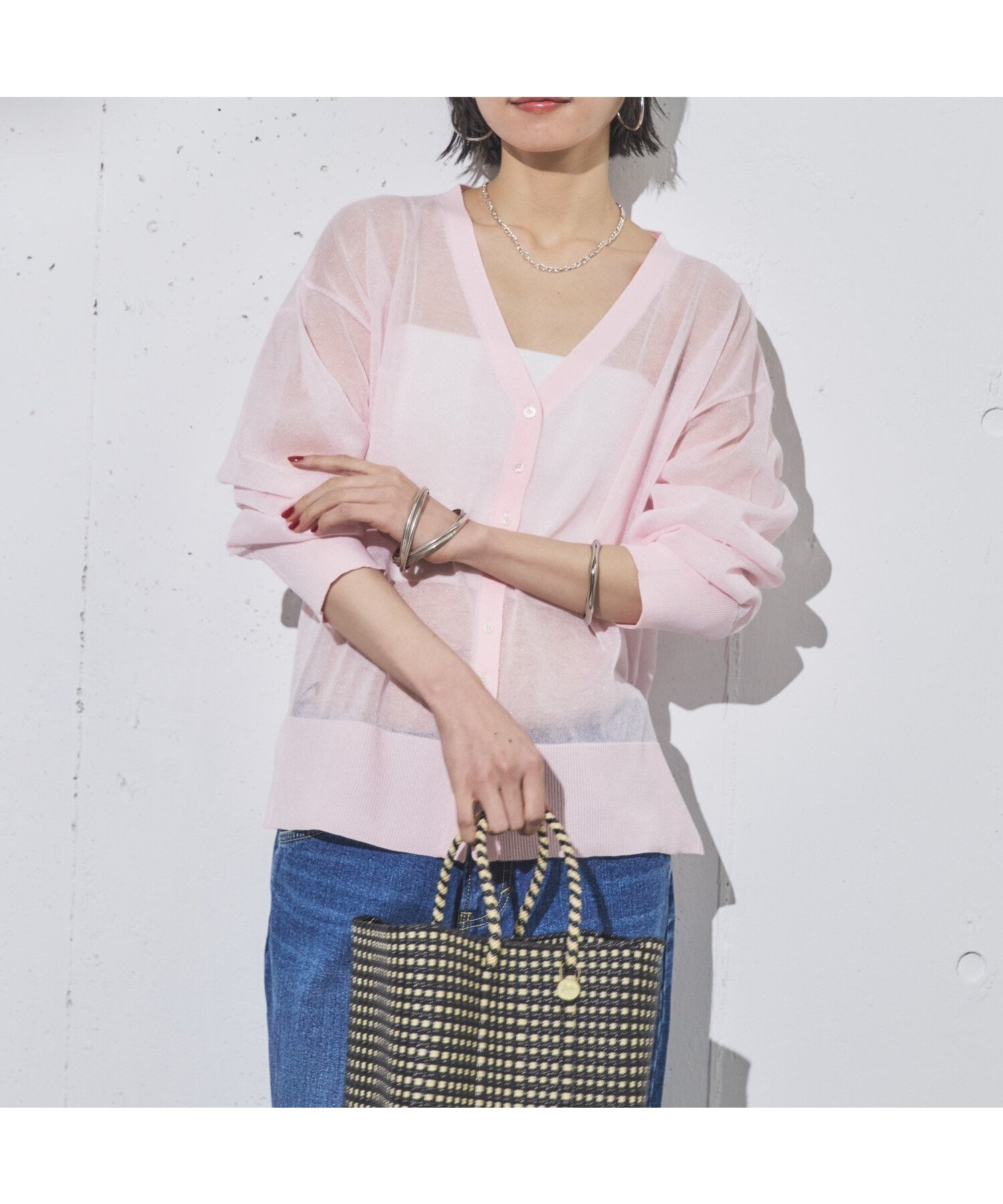 【ドゥ アルシーヴ/Doux archives】のラメシアーカーディガン インテリア・キッズ・メンズ・レディースファッション・服の通販 founy(ファニー) 　ファッション　Fashion　レディースファッション　WOMEN　トップス・カットソー　Tops/Tshirt　カーディガン　Cardigans　カーディガン　Cardigan　シアー　Sheer　ショルダー　Shoulder　スリット　Slit　トレンド　Trend　ドロップ　Drop　ベーシック　Basic　PINK|ID: prp329100004565120 ipo3291000000032284587