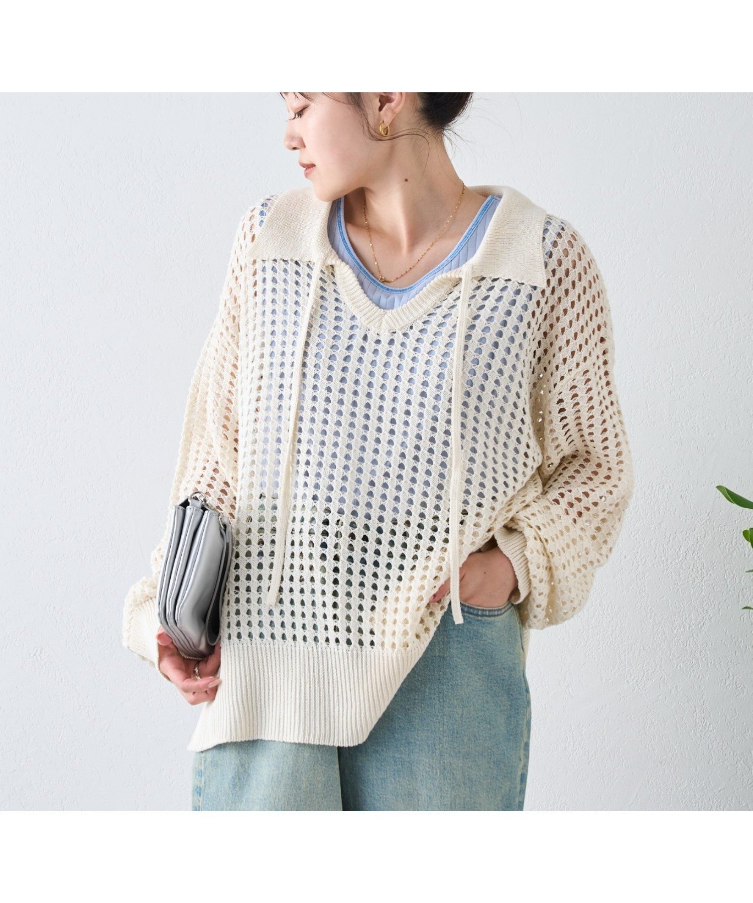 【チャオパニックティピー/CIAOPANIC TYPY】のメッシュ襟付きスキッパーニット 人気、トレンドファッション・服の通販 founy(ファニー) 　ファッション　Fashion　レディースファッション　WOMEN　トップス・カットソー　Tops/Tshirt　ニット　Knit Tops　おすすめ　Recommend　インナー　Inner　キャミソール　Camisole　スキッパー　Skipper　スラックス　Slacks　スリット　Slit　デニム　Denim　トレンド　Trend　メッシュ　Mesh　 other-1|ID: prp329100004565163 ipo3291000000032284971