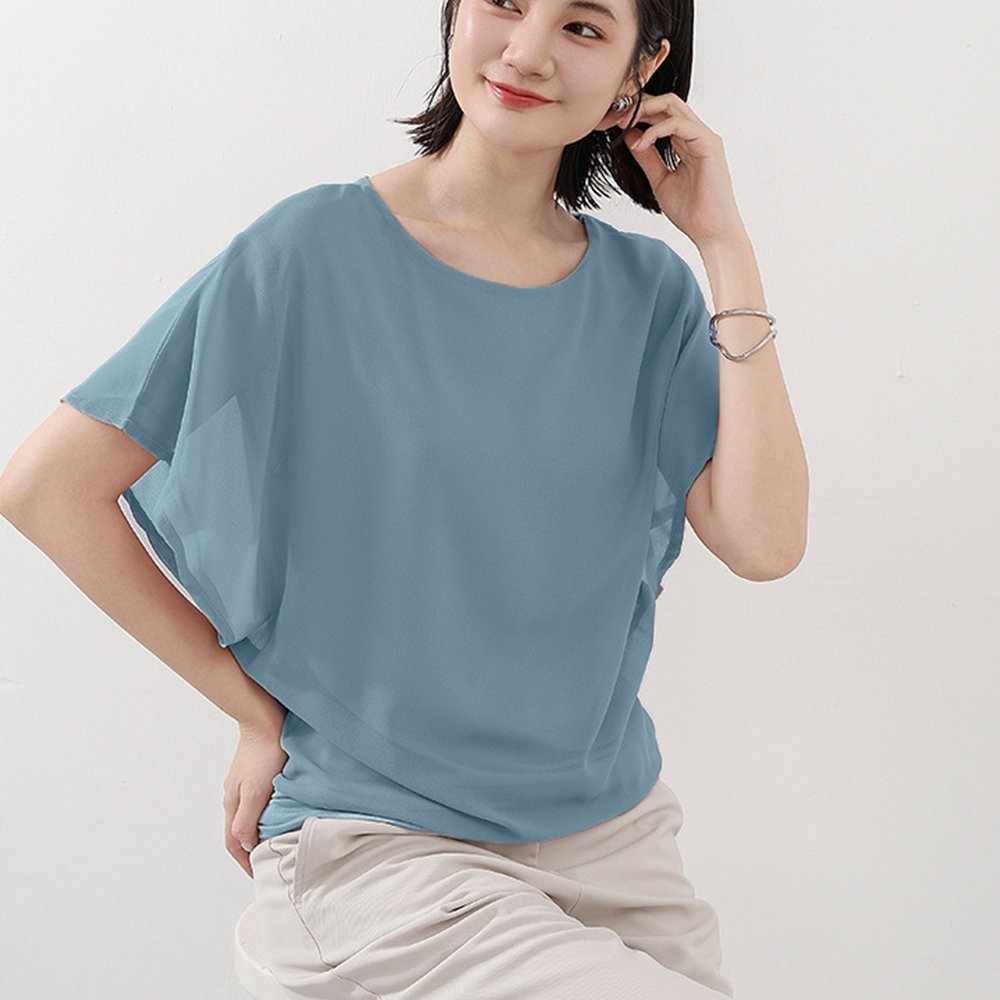 【ミニミニストア/miniministore】のフレア袖シャツブラウスシフォントップス インテリア・キッズ・メンズ・レディースファッション・服の通販 founy(ファニー) 　ファッション　Fashion　レディースファッション　WOMEN　トップス・カットソー　Tops/Tshirt　シャツ/ブラウス　Shirts/Blouses　エレガント 上品　Elegant　フレア　Flare　半袖　Short Sleeve　夏　Summer　ビジネス 仕事 通勤　Business　くすみブルー|ID: prp329100004565253 ipo3291000000032285699