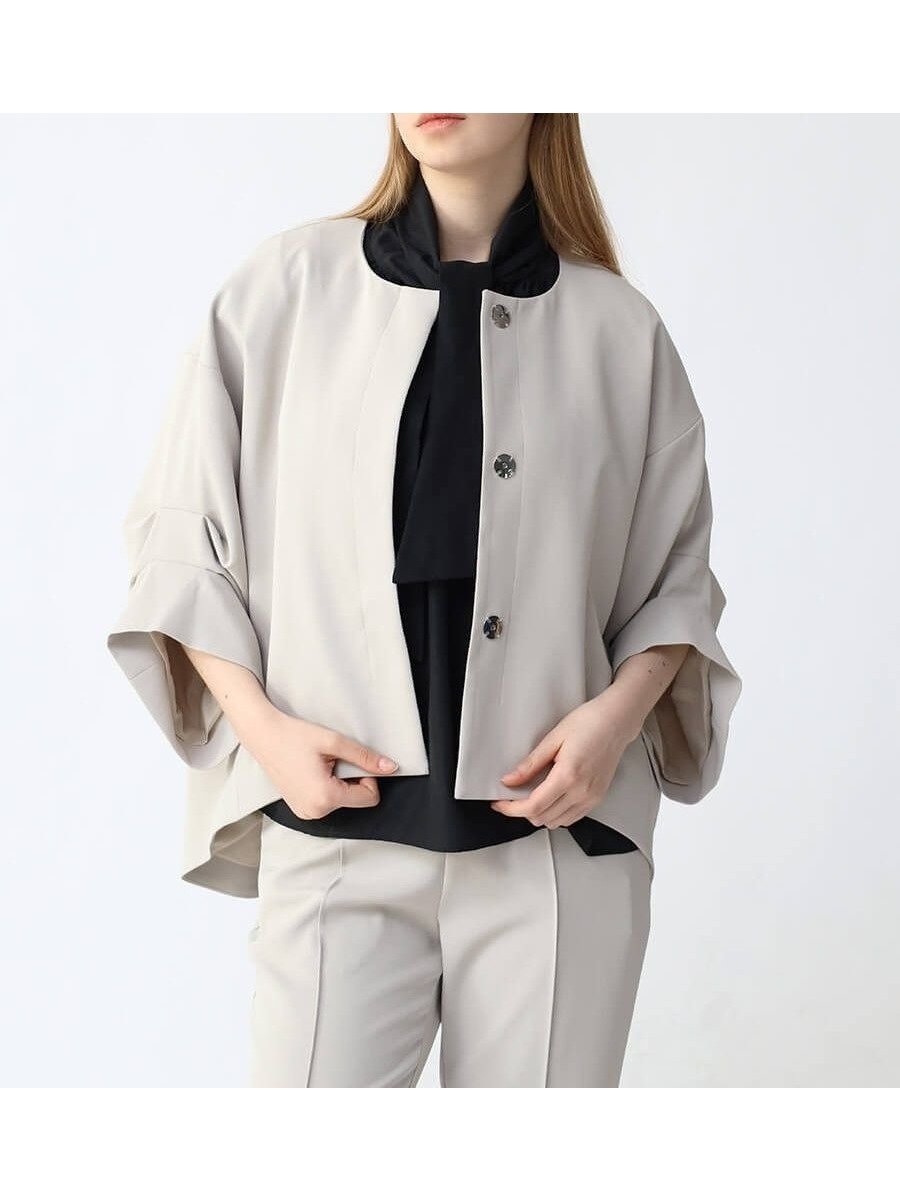 【ラシュッド/LASUD】のタックスリーブノーカラージャケット インテリア・キッズ・メンズ・レディースファッション・服の通販 founy(ファニー) 　ファッション　Fashion　レディースファッション　WOMEN　アウター　Coat Outerwear　ジャケット　Jackets　ノーカラージャケット　No Collar Leather Jackets　ジョーゼット　Georgette　セットアップ　Set Up　ノースリーブ　No Sleeve　人気　Popularity　バランス　Balance　ファブリック　Fabric　ヘムライン　Hemline　エレガント 上品　Elegant　グレージュ|ID: prp329100004565703 ipo3291000000032289364