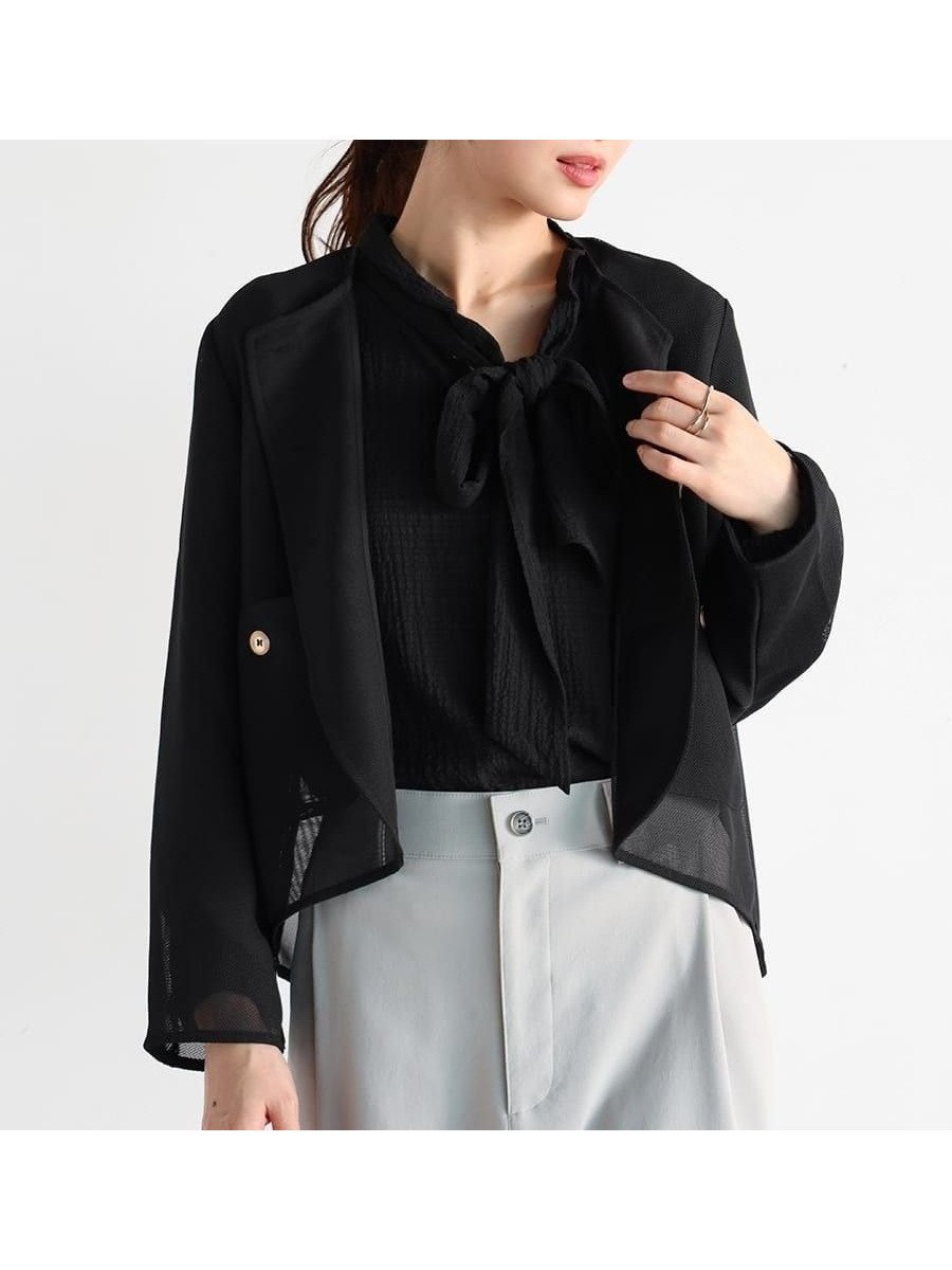 【ヴァン/Vin】のノーカラーメッシュジャケット インテリア・キッズ・メンズ・レディースファッション・服の通販 founy(ファニー) 　ファッション　Fashion　レディースファッション　Fashion for Women　アウター　Coat / Outerwear Collection　レディースジャケット・軽アウター　Jackets　クラシカル　Classical, Vintage-Inspired　ショート　Short, Short Length　ジャケット　Jacket, Outerwear　バランス　Balance, Style Balance　メッシュ　Mesh, Net Fabric　ブラック|ID: prp329100004565743 ipo3291000000032449519