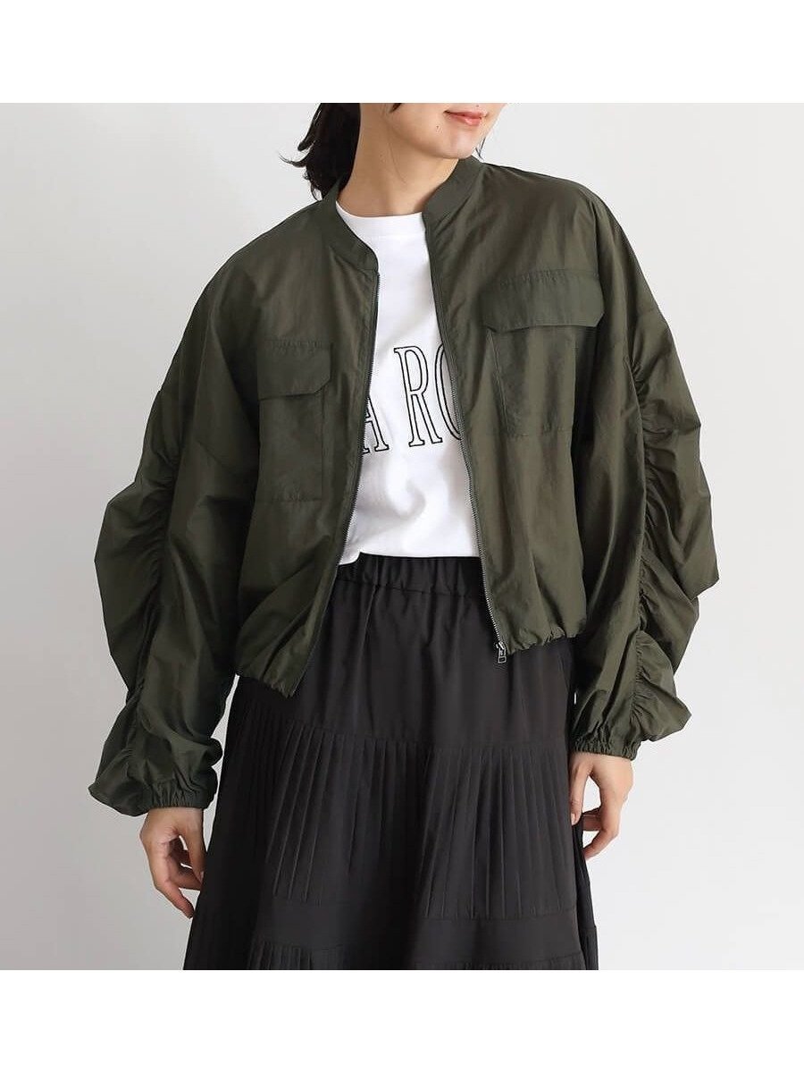 【ラシュッド/LASUD】のギャザースリーブブルゾン インテリア・キッズ・メンズ・レディースファッション・服の通販 founy(ファニー) 　ファッション　Fashion　レディースファッション　Fashion for Women　アウター　Coat / Outerwear Collection　ブルゾンジャケット・スポーティアウター　Blouson Jackets　おすすめ　Recommended / Our Picks　ギャザー　Gathered, Ruffled　ショート　Short, Short Length　ブルゾン　Blouson, Bomber Jacket　秋　Autumn　カーキ|ID: prp329100004565774 ipo3291000000032450084