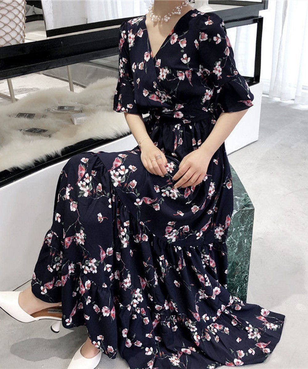 【ミニミニストア/miniministore】の花柄ワンピース5分袖ティアードワンピース インテリア・キッズ・メンズ・レディースファッション・服の通販 founy(ファニー) 　ファッション　Fashion　レディースファッション　WOMEN　ワンピース　Dress　イエロー　Yellow　エレガント 上品　Elegant　オレンジ　Orange　ティアードワンピース　Tiered Dress　フレア　Flare　リゾート　Resort　ローズ　Rose　夏　Summer　ブラック系2(花柄)|ID: prp329100004565861 ipo3291000000032290186