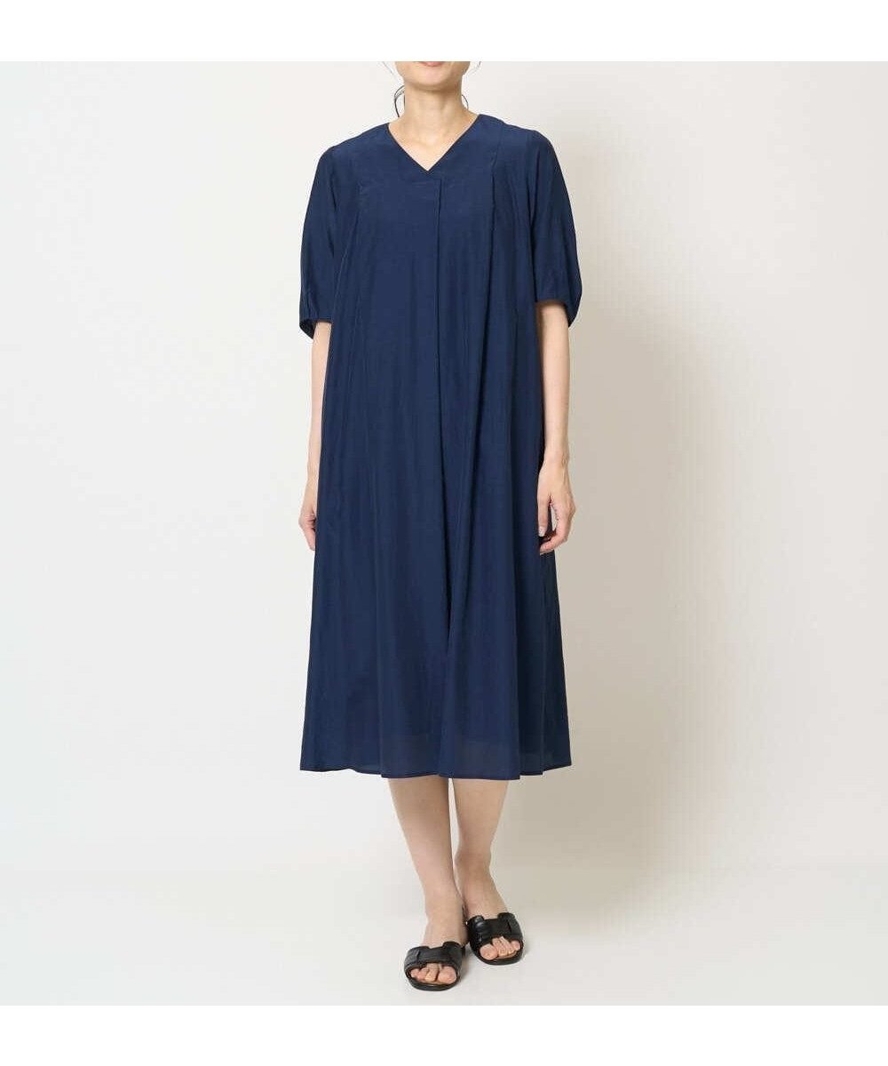 【クリスチャン オジャール/CHRISTIAN AUJARD】のタックフレアーワンピース インテリア・キッズ・メンズ・レディースファッション・服の通販 founy(ファニー) 　ファッション　Fashion　レディースファッション　WOMEN　ワンピース　Dress　インナー　Inner　オケージョン　Occasion　洗える　Washable　シャンブレー　Chambray　シルク　Silk　スリーブ　Sleeve　パーティ　Party　ポケット　Pocket　おすすめ　Recommend　夏　Summer　エレガント 上品　Elegant　ネイビー|ID: prp329100004565875 ipo3291000000032290263