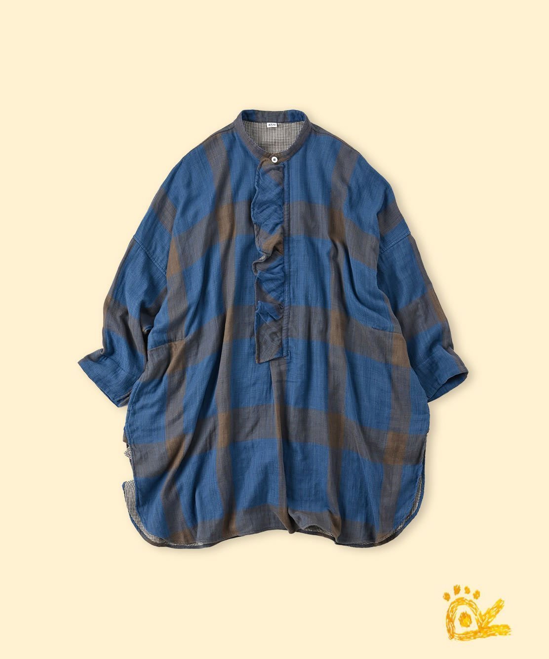 【フォーティファイブ アール/45R】の【EC限定】ONEONE いろいろインドネルのフリルチュニック インテリア・キッズ・メンズ・レディースファッション・服の通販 founy(ファニー) 　ファッション　Fashion　レディースファッション　Fashion for Women　トップス・カットソー　Cut & Sew Tops　インド　Indian Textile　スリット　Slit, Slit Detail　チュニック　Tunic, Long Top　フリル　Frill, Ruffle　ワンポイント　One Point, Statement Accent　薄二重織茶チェック|ID: prp329100004565952 ipo3291000000033600056