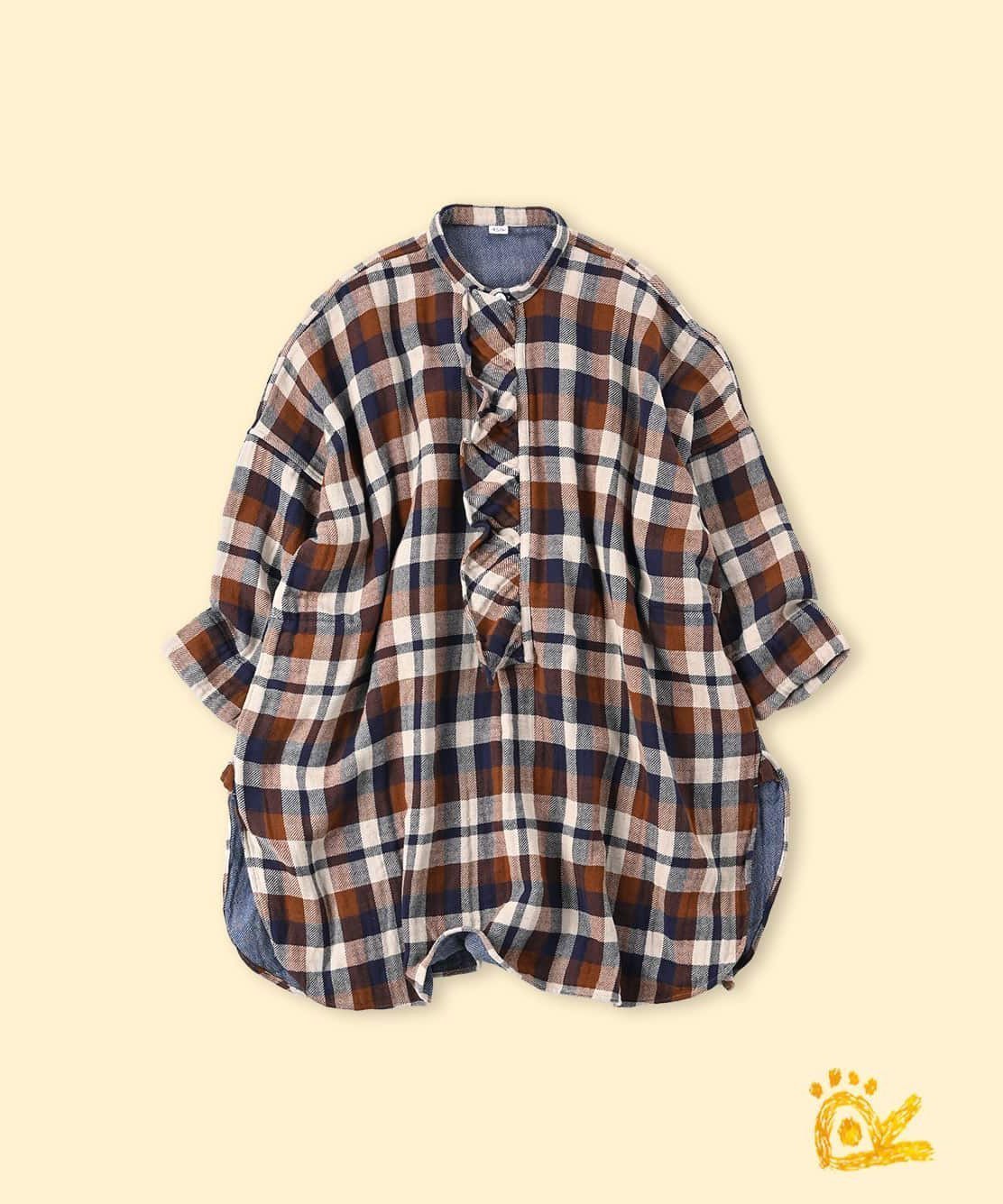 【フォーティファイブ アール/45R】の【EC限定】ONEONE いろいろインドネルのフリルチュニック インテリア・キッズ・メンズ・レディースファッション・服の通販 founy(ファニー) 　ファッション　Fashion　レディースファッション　Fashion for Women　トップス・カットソー　Cut & Sew Tops　インド　Indian Textile　スリット　Slit, Slit Detail　チュニック　Tunic, Long Top　フリル　Frill, Ruffle　ワンポイント　One Point, Statement Accent　茶チェック2|ID: prp329100004565952 ipo3291000000033600057