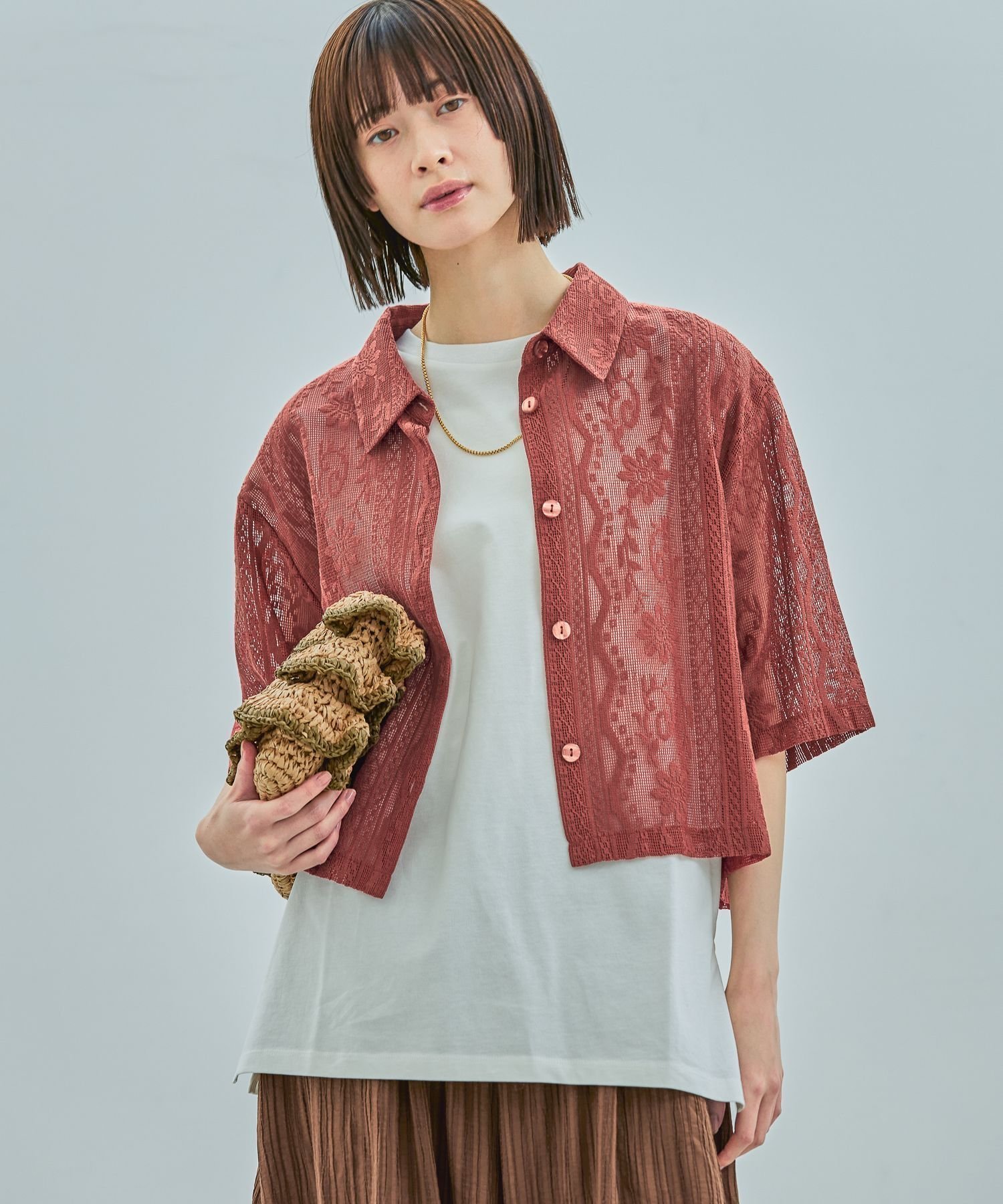 【ラコレ/LAKOLE】のレースシャツ インテリア・キッズ・メンズ・レディースファッション・服の通販 founy(ファニー) 　ファッション　Fashion　レディースファッション　Fashion for Women　トップス・カットソー　Cut & Sew Tops　シャツ・ブラウス・オフィスカジュアル　Elegant Blouses & Button-Ups　コンパクト　Compact, Small Size　トレンド　Trend, Trending Now　ベーシック　Basic, Essential　ボトム　Bottoms, Lower Wear　レース　Lace, Lace Fabric　ロング　Long, Long-Length　羽織　Haori, Light Jacket　テラコッタ|ID: prp329100004565957 ipo3291000000032609192