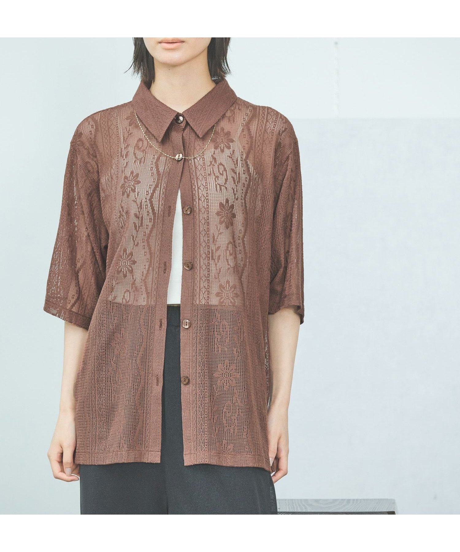 【ラコレ/LAKOLE】のレースシャツ インテリア・キッズ・メンズ・レディースファッション・服の通販 founy(ファニー) 　ファッション　Fashion　レディースファッション　Fashion for Women　トップス・カットソー　Cut & Sew Tops　シャツ・ブラウス・オフィスカジュアル　Elegant Blouses & Button-Ups　コンパクト　Compact, Small Size　トレンド　Trend, Trending Now　ベーシック　Basic, Essential　ボトム　Bottoms, Lower Wear　レース　Lace, Lace Fabric　ロング　Long, Long-Length　羽織　Haori, Light Jacket　ブラウン|ID: prp329100004565957 ipo3291000000032609193