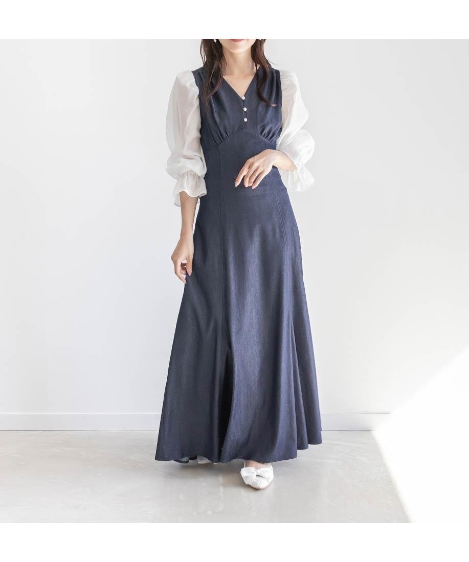 【ランダ/RANDA】のパフスリーブレースアップワンピース インテリア・キッズ・メンズ・レディースファッション・服の通販 founy(ファニー) 　ファッション　Fashion　レディースファッション　WOMEN　ワンピース　Dress　エレガント 上品　Elegant　ギャザー　Gather　シアー　Sheer　シューズ　Shoes　スリーブ　Sleeve　ドッキング　Docking　パール　Pearl　DENIM|ID: prp329100004565984 ipo3291000000032290916