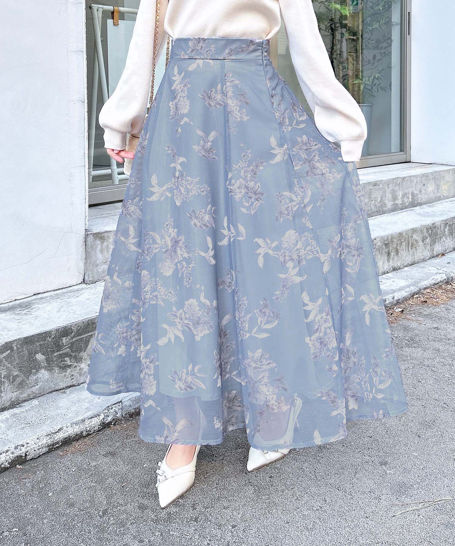 【イング/INGNI】の花柄メッシュフレアスカート インテリア・キッズ・メンズ・レディースファッション・服の通販 founy(ファニー) 　ファッション　Fashion　レディースファッション　WOMEN　スカート　Skirt　Aライン/フレアスカート　Flared A-Line Skirts　エレガント 上品　Elegant　春　Spring　サンダル　Sandals　シンプル　Simple　バランス　Balance　フェミニン　Feminine　フレア　Flare　メッシュ　Mesh　ロング　Long　おすすめ　Recommend　ブルー|ID: prp329100004566116 ipo3291000000032292033