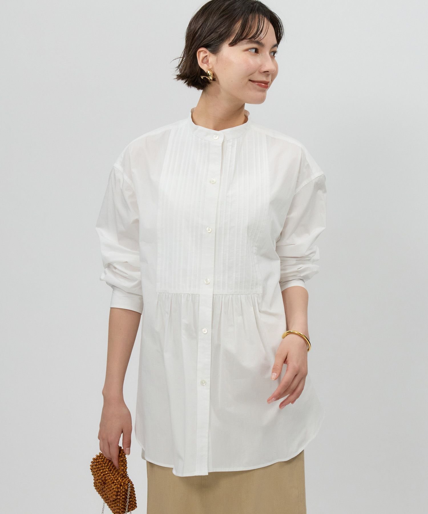 【バビロン/BABYLONE / KIDS】のバンドカラーシャツ インテリア・キッズ・メンズ・レディースファッション・服の通販 founy(ファニー) 　ファッション　Fashion　キッズファッション　Fashion for Kids　ギャザー　Gathered, Ruffled　ストライプ　Stripe, Striped Pattern　チュニック　Tunic, Long Top　フェミニン　Feminine, Girly　再入荷　Restock / Back in Stock　おすすめ　Recommended / Our Picks　エレガント 上品　Elegant　ホワイト10|ID: prp329100004566144 ipo3291000000033495955