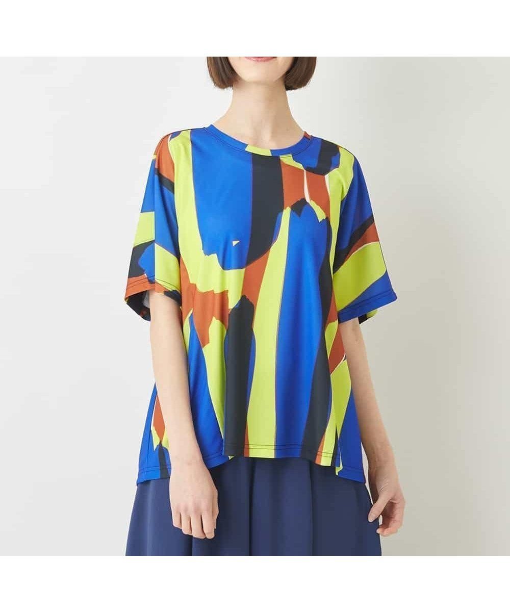 【ヒロコビス/HIROKO BIS】のアーティープリントドルマンスリーブTシャツ /洗える インテリア・キッズ・メンズ・レディースファッション・服の通販 founy(ファニー) 　ファッション　Fashion　レディースファッション　WOMEN　トップス・カットソー　Tops/Tshirt　シャツ/ブラウス　Shirts/Blouses　ロング / Tシャツ　T-Shirts　おすすめ　Recommend　ギャザー　Gather　フォルム　Form　ヘムライン　Hemline　今季　This Season　夏　Summer　洗える　Washable　ブルー|ID: prp329100004566197 ipo3291000000032292576