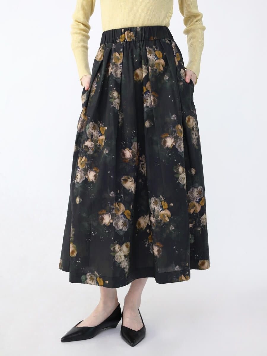 【ラシュッド/LASUD】のフラワーペイントタックスカート インテリア・キッズ・メンズ・レディースファッション・服の通販 founy(ファニー) 　ファッション　Fashion　レディースファッション　Fashion for Women　スカート　Skirts　バランス　Balance, Style Balance　エレガント 上品　Elegant　ブラック|ID: prp329100004566204 ipo3291000000032655776